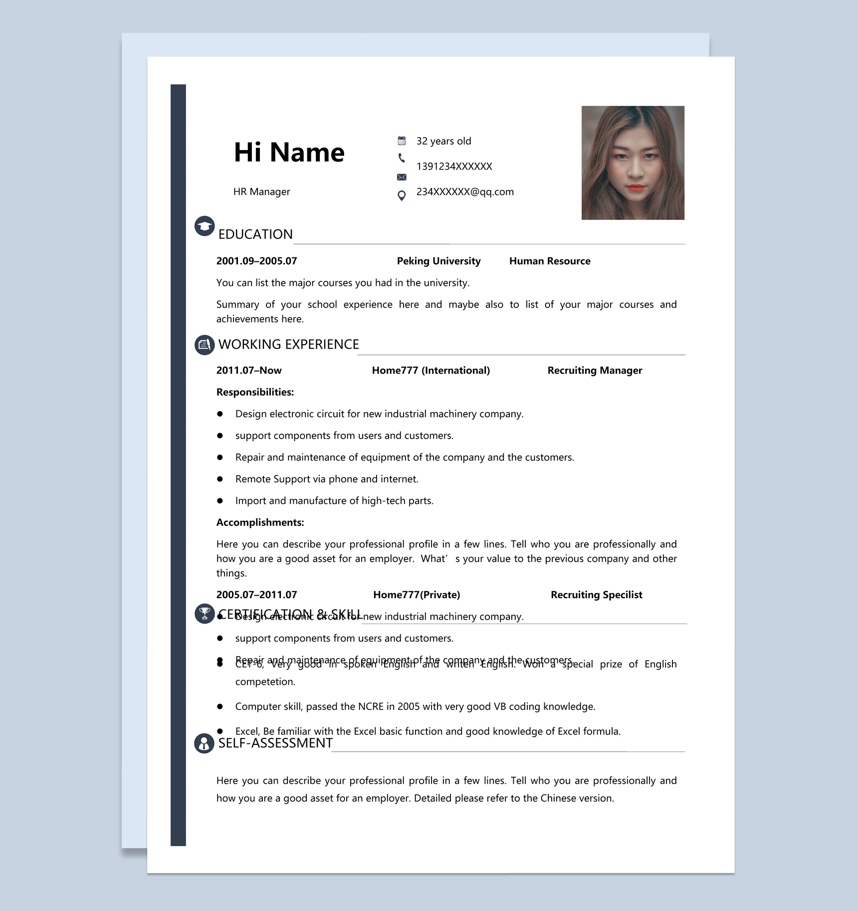 黑色商务风格人事主管英文求职简历Word模板