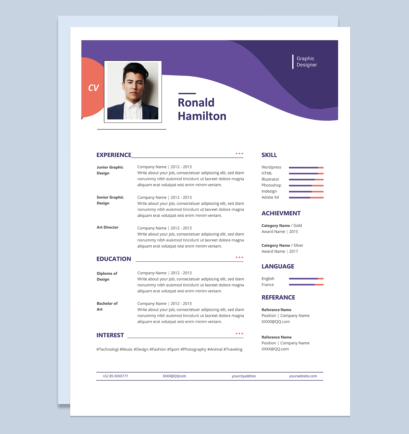 简约精美平面设计师岗位个人英文求职简历Word模板