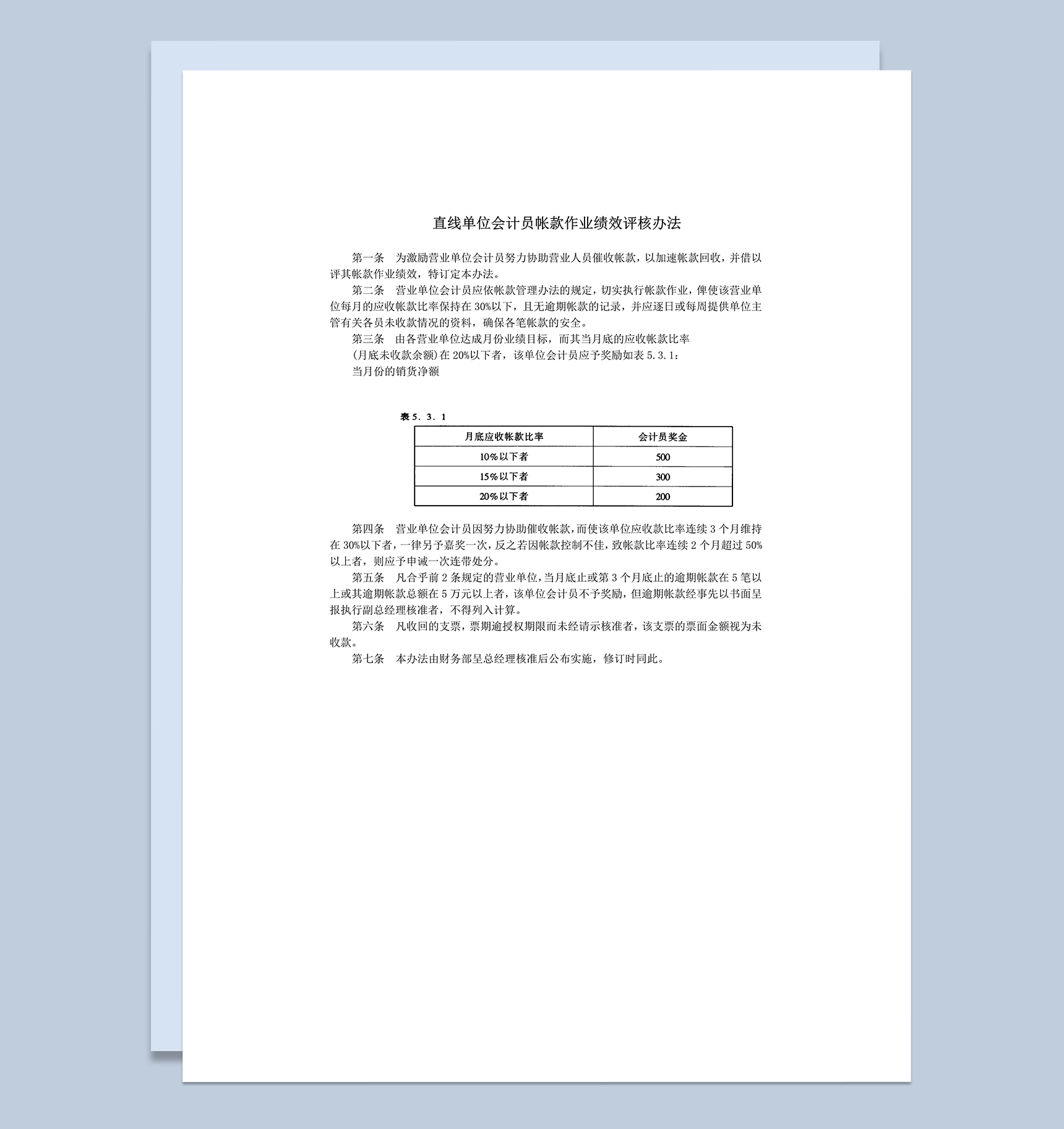 直线单位会计员帐款作业绩效评核办法word模板