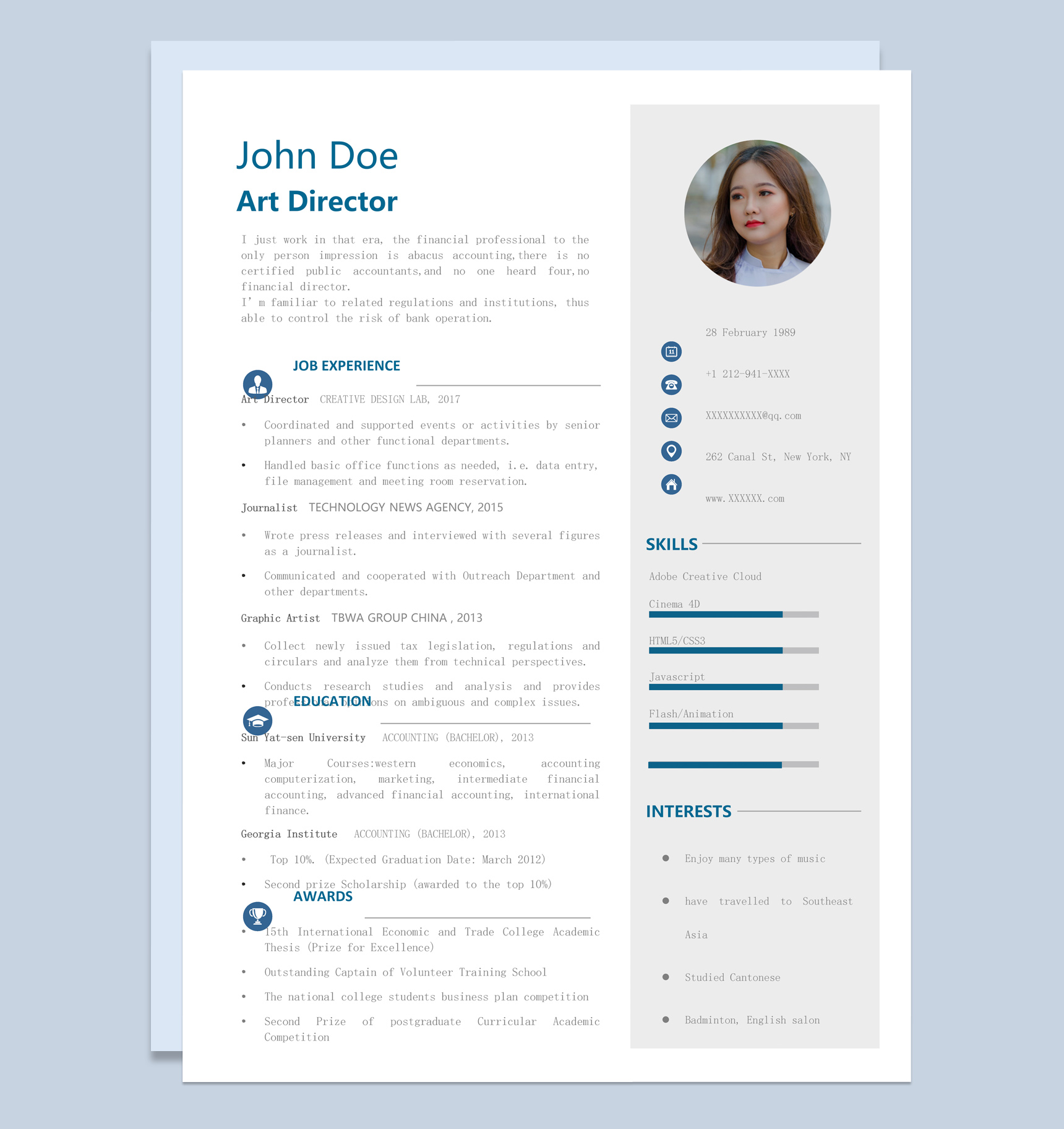 蓝白简约风格大学生英文求职简历Word模板