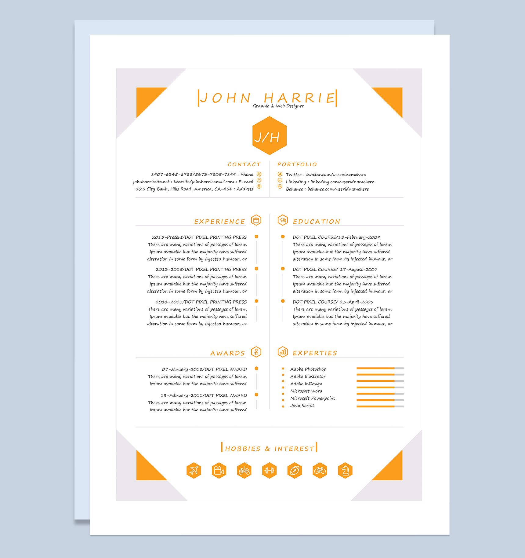橙色平面和网页设计师通用个人简历英文简历求职简历自荐信Word模板