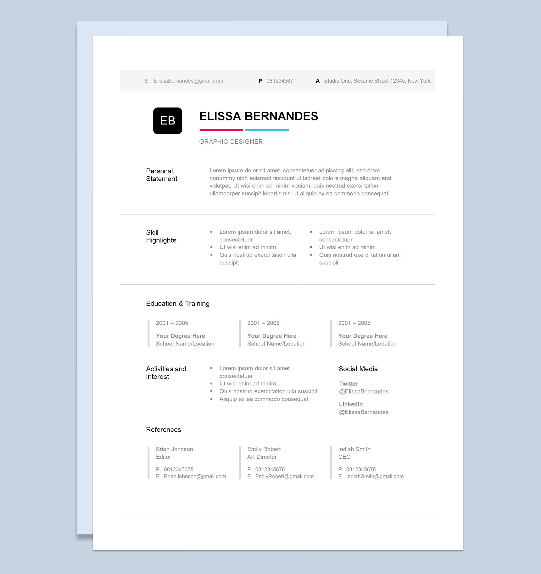 欧美风纯英文简历美术设计员通用求职简历个人简历Word模板