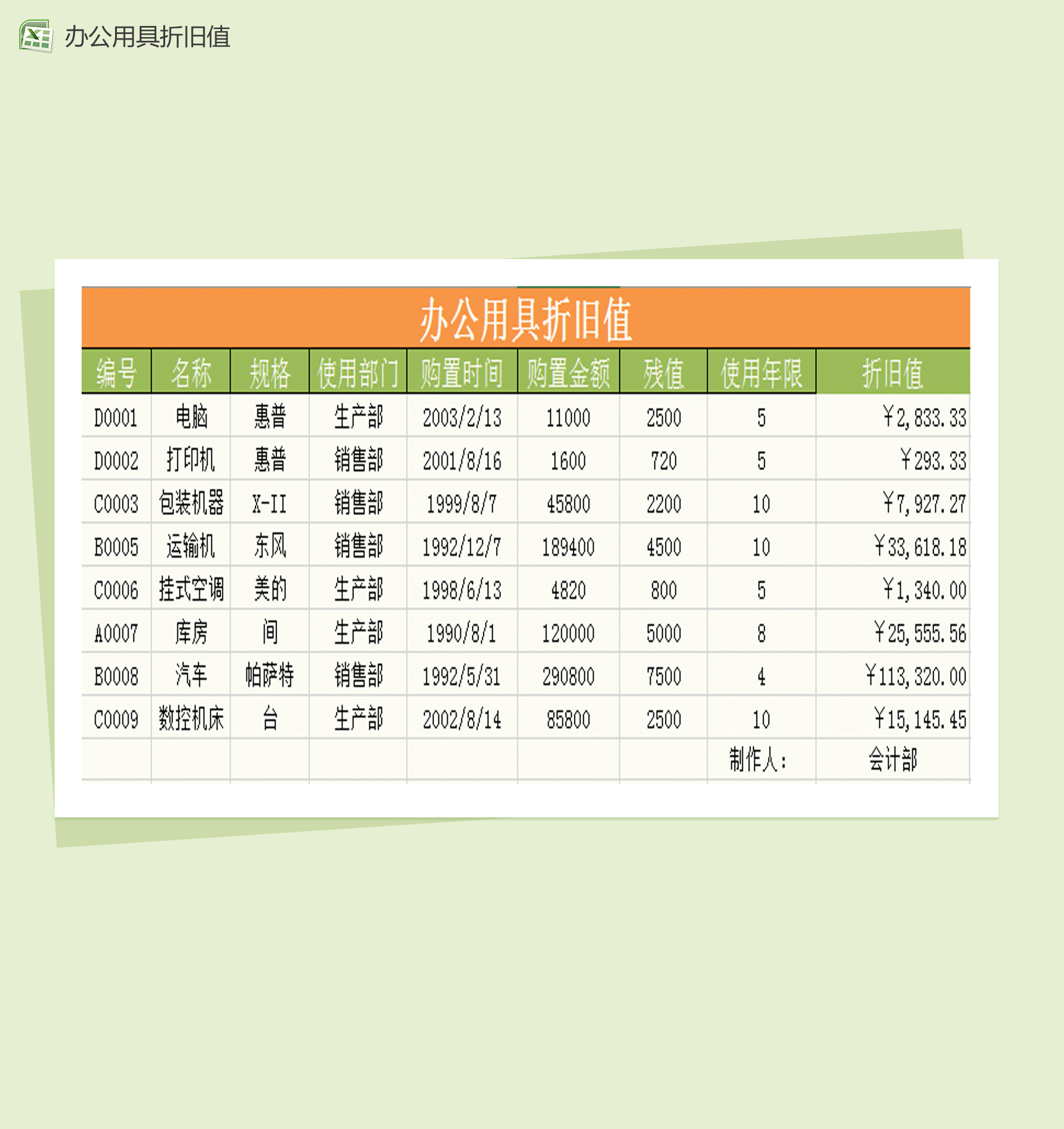 办公用具折旧值Excel通用模板