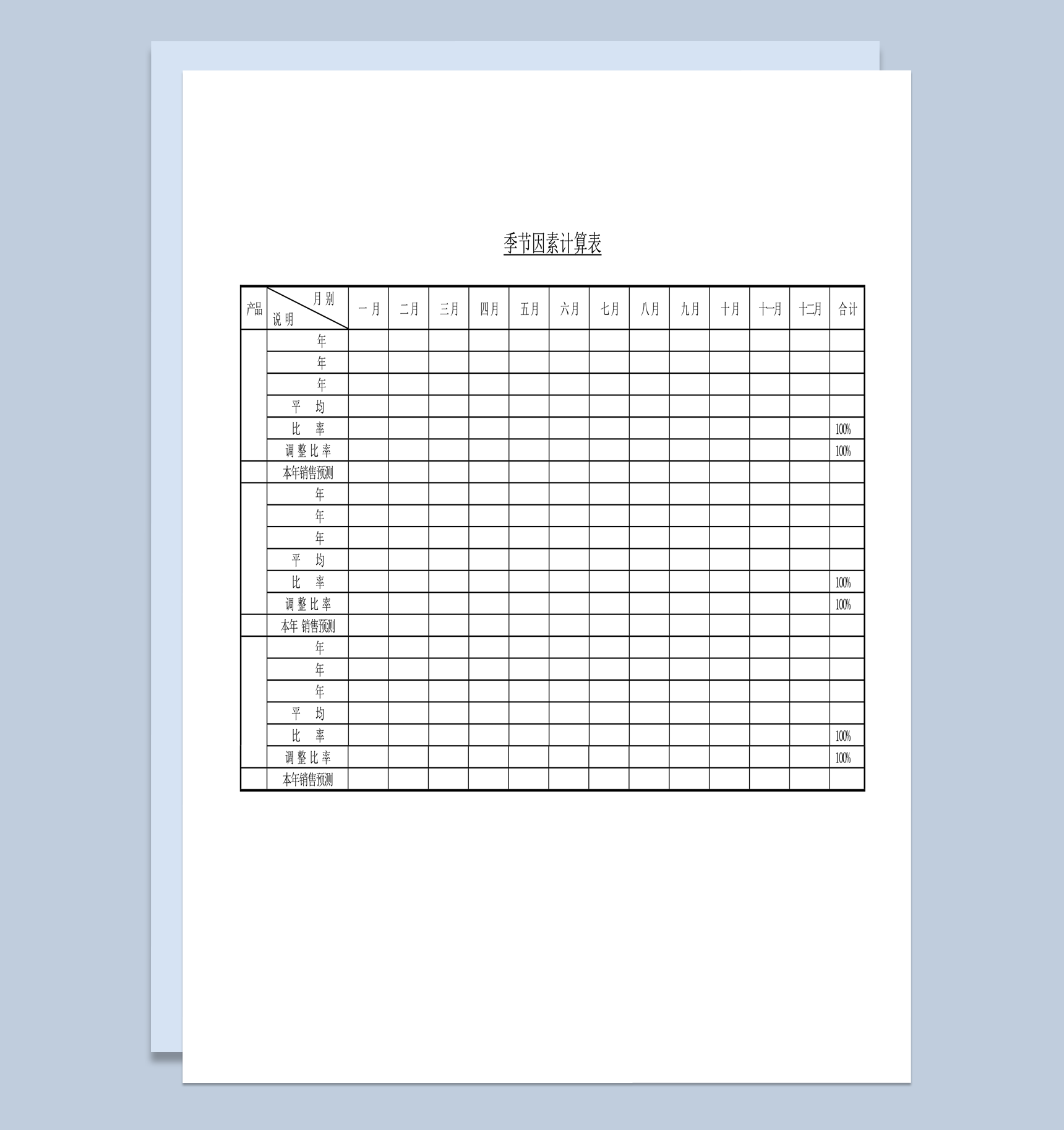 公司销售预测季节因素计算表word模板