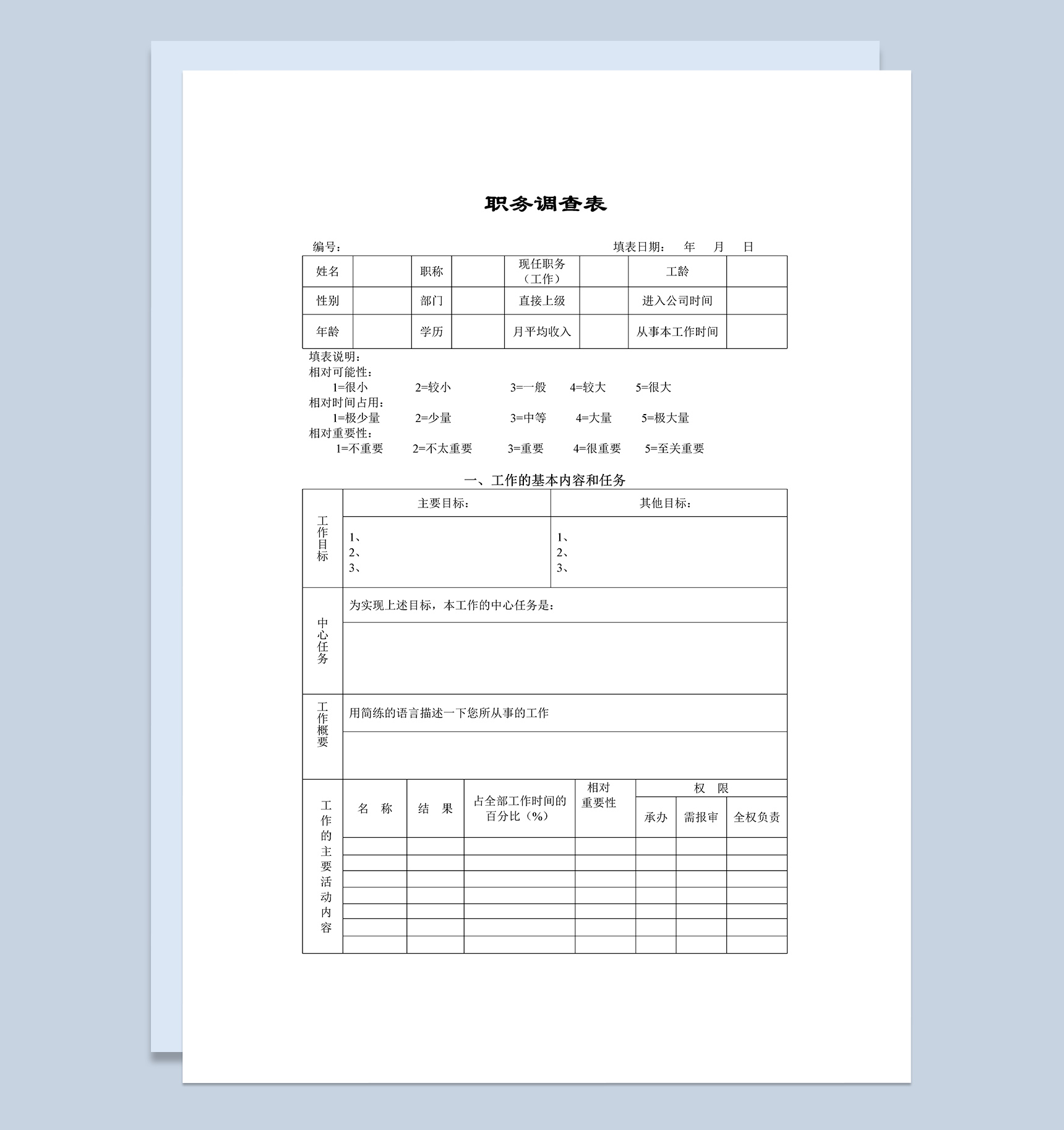 企业工作岗位人员职务分析调查表Word模板