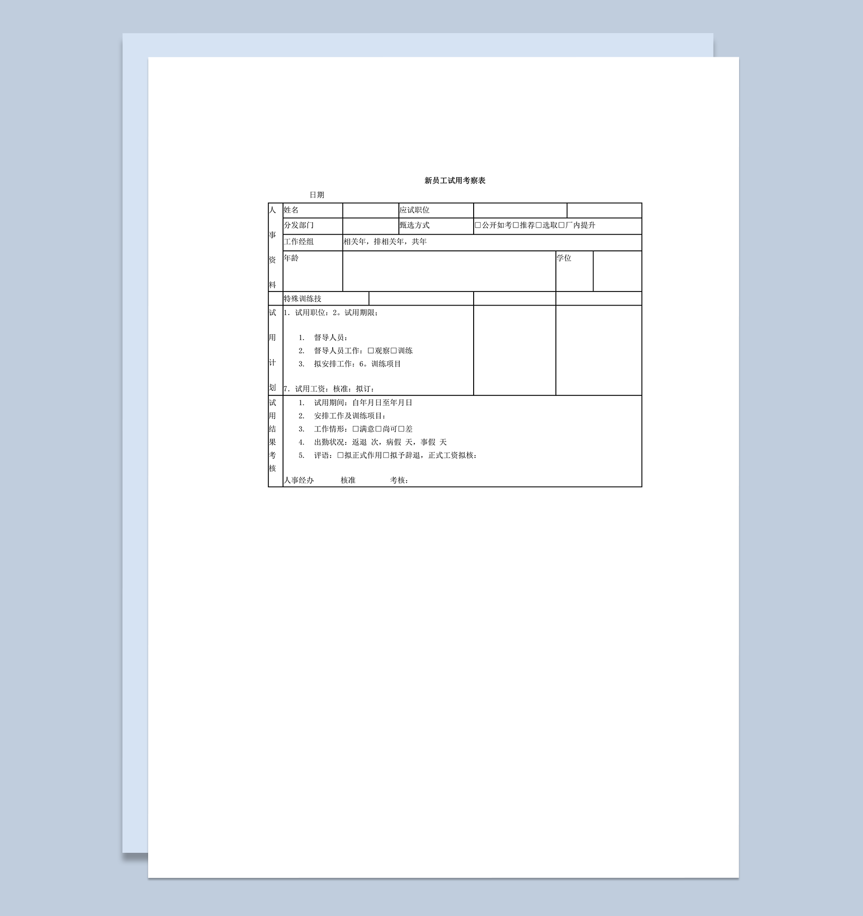新员工试用考察表word模板