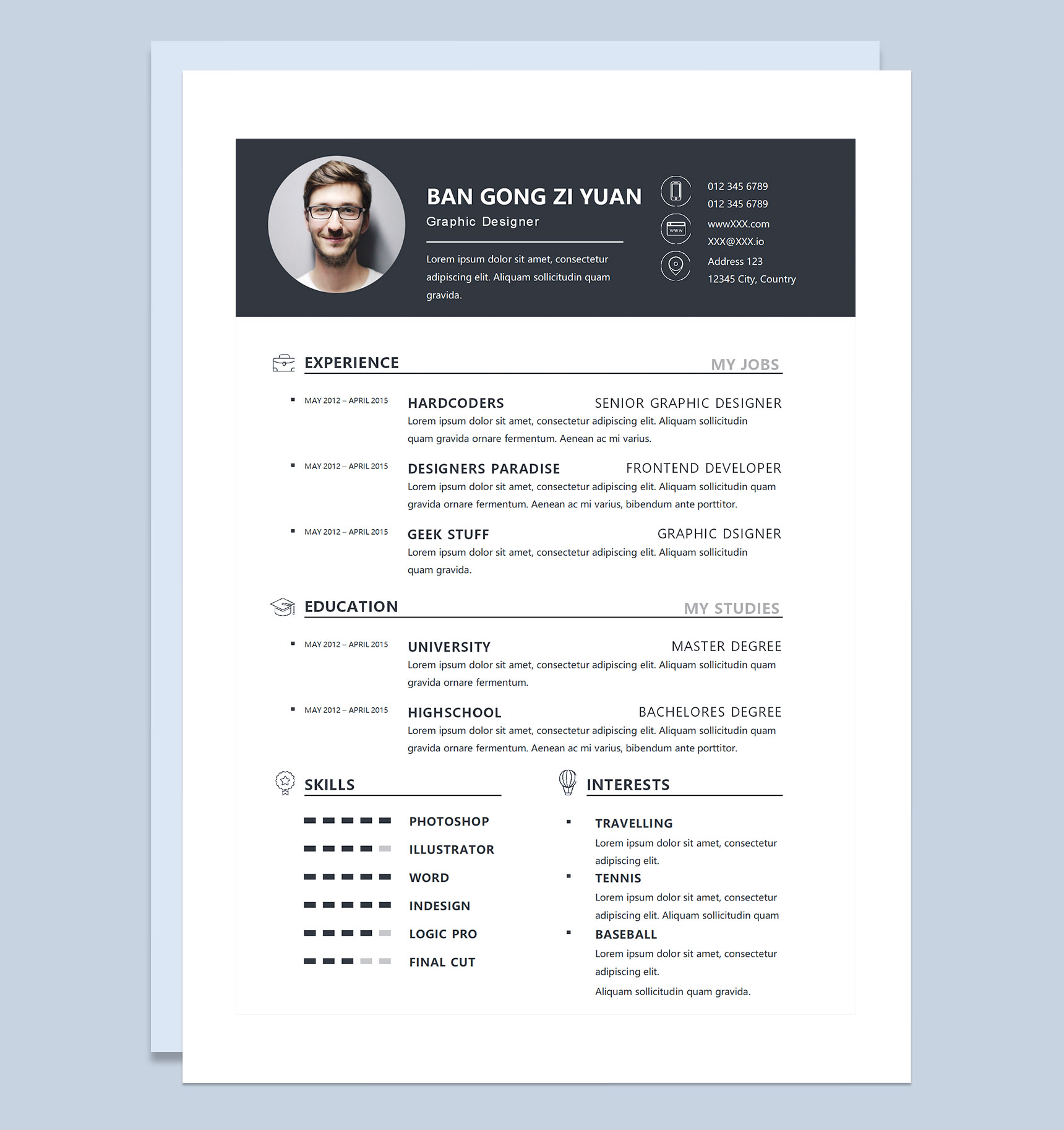 黑白商务风外企平面设计师求职通用个人简历英文简历Word模板