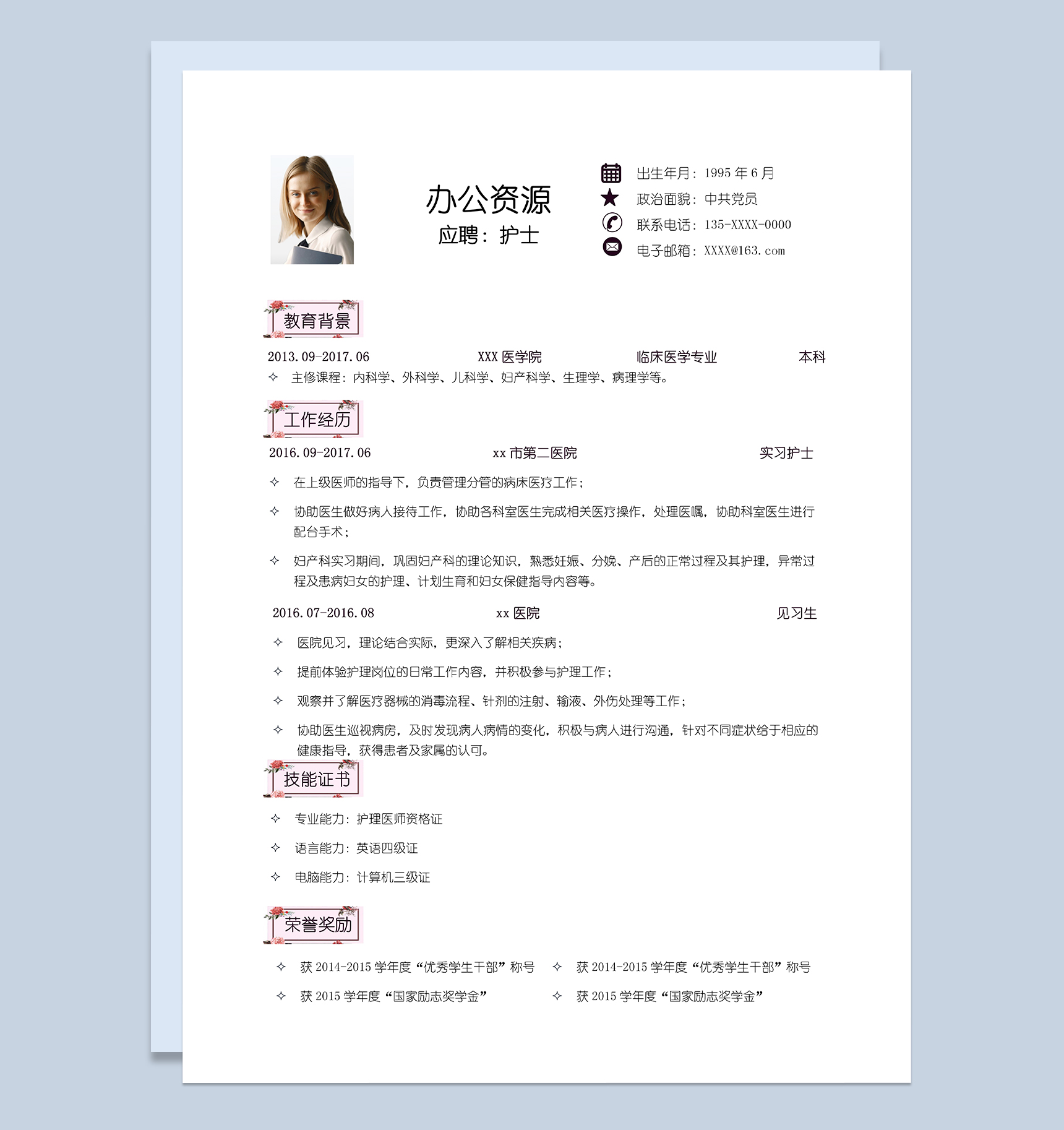 唯美大气护士工作个人求职简历Word模板