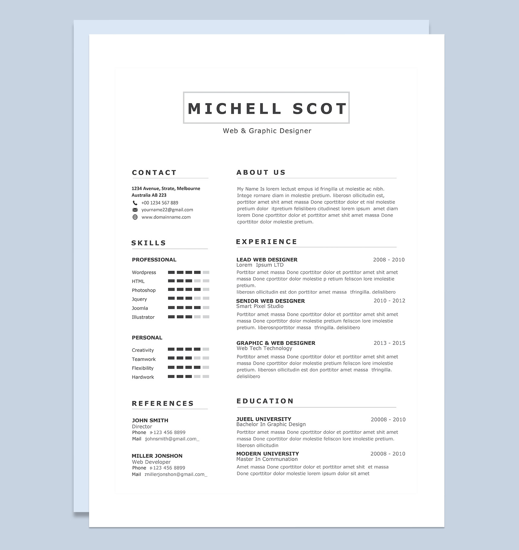 简约欧美风网页设计师和平面设计师通用个人简历求职简历Word模板