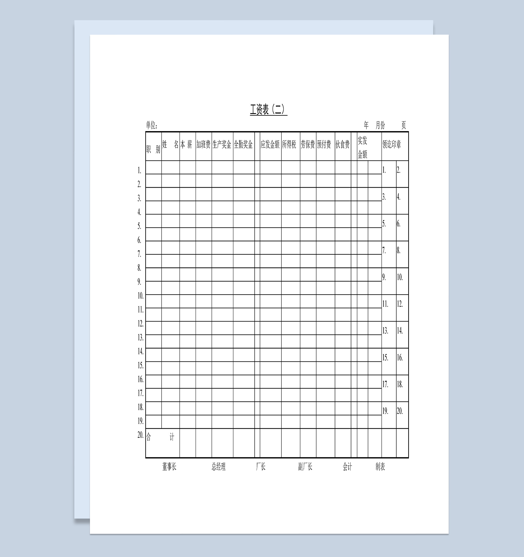公司企业通用员工工资明细表Word模板