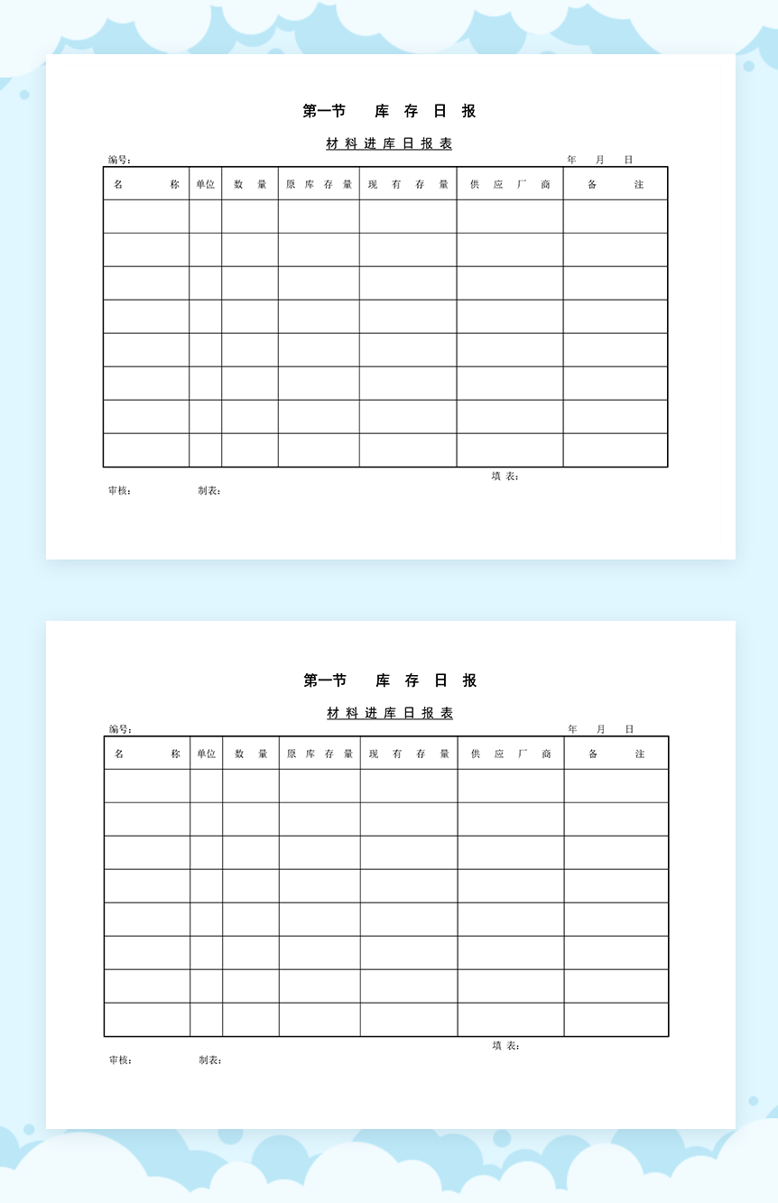 企业仓储管理材料进库日报表格Word模板