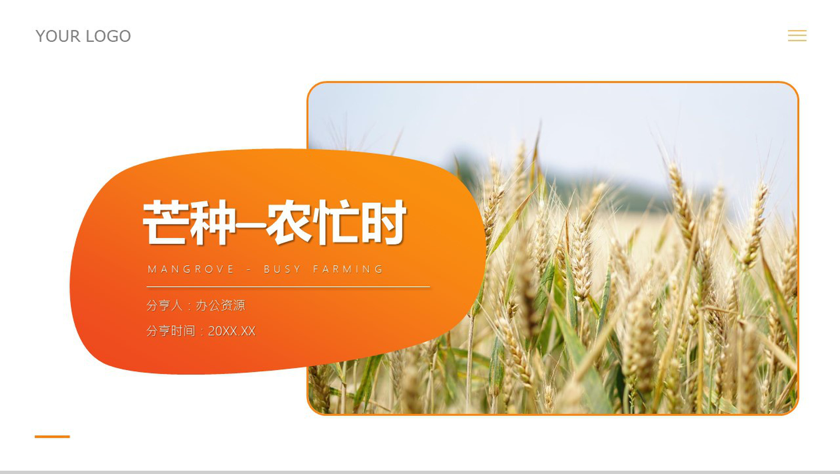 橙色简约中国二十节气芒种节日农忙时PPT模板