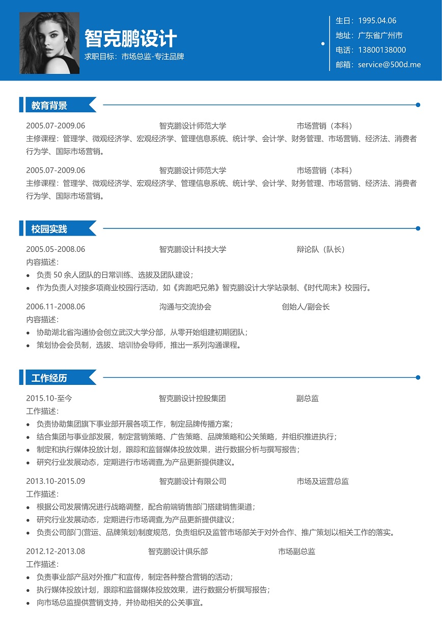 蓝色双页市场总监个人简历模板免费下载
