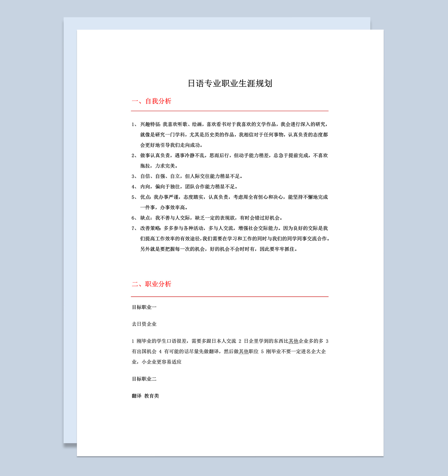 日语专业职业生涯规划书Word模板