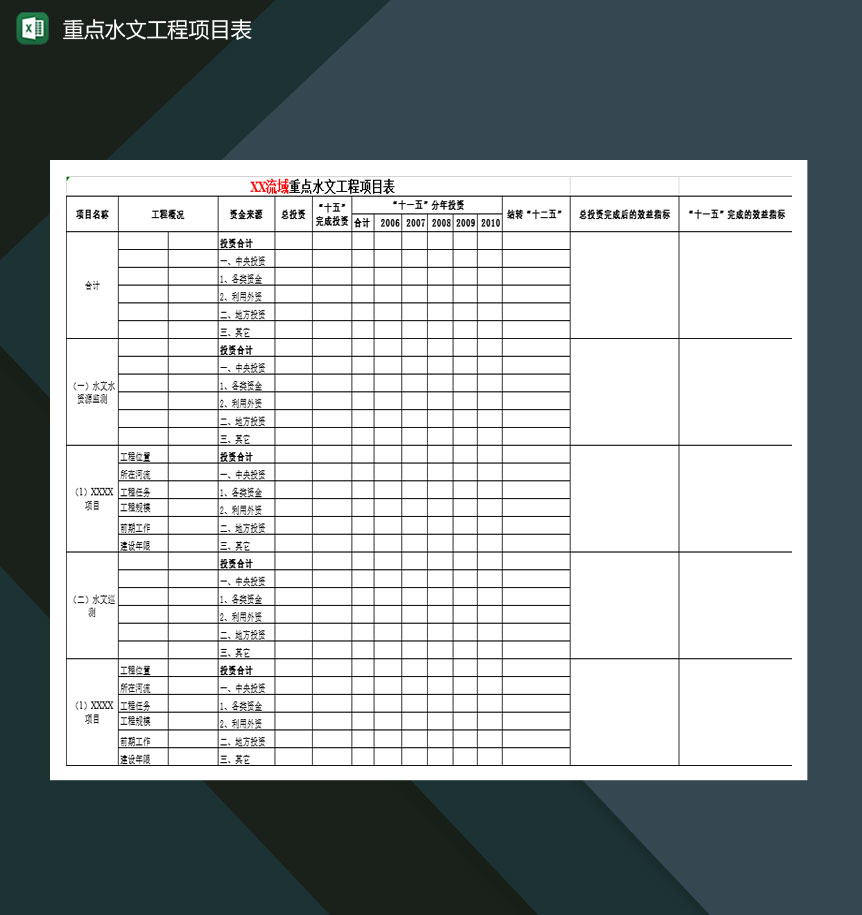 地区流域重点水文工程项目表Excel模板