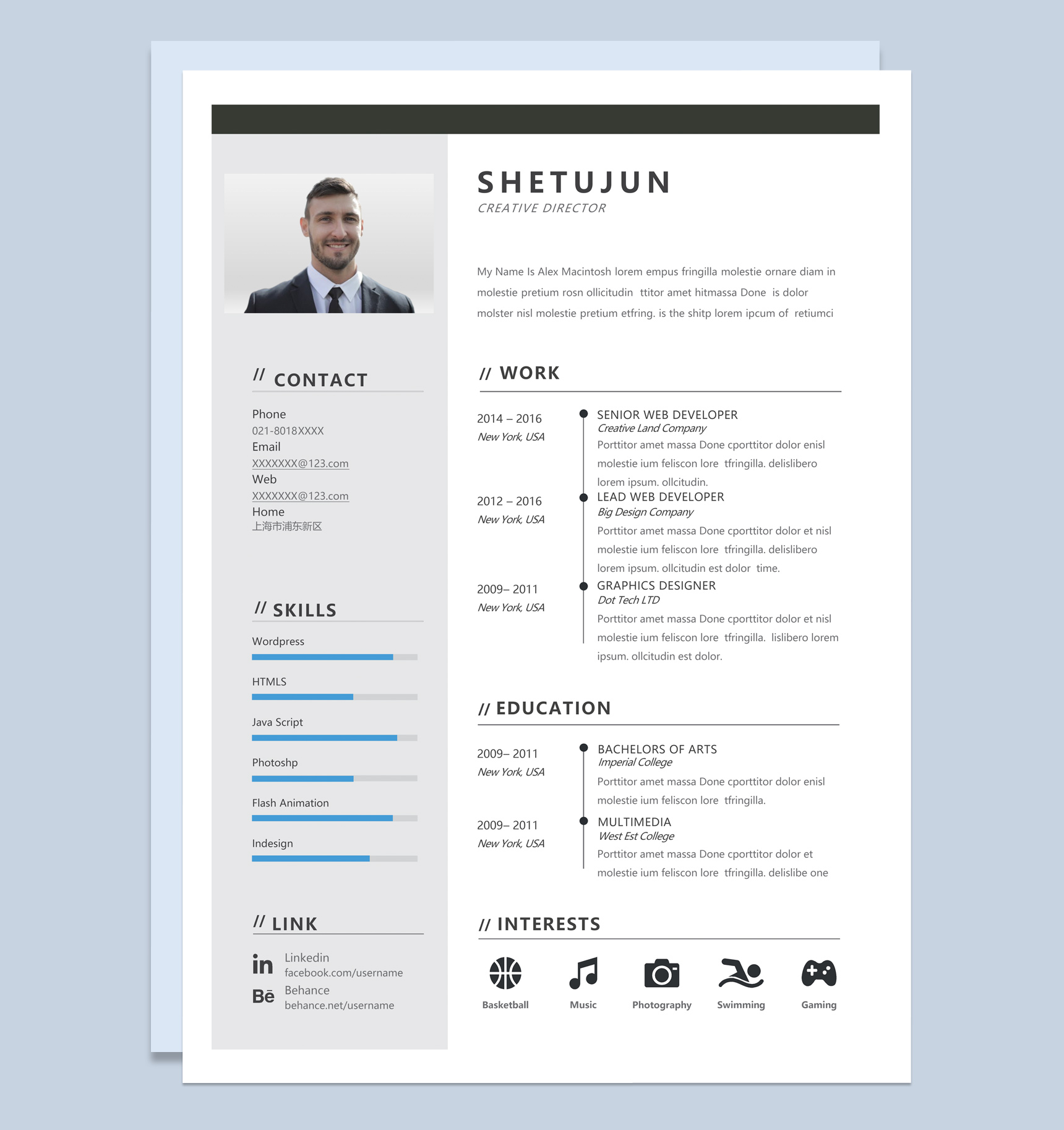 黑色商务风格创意设计总监个人求职英文简历Word模板