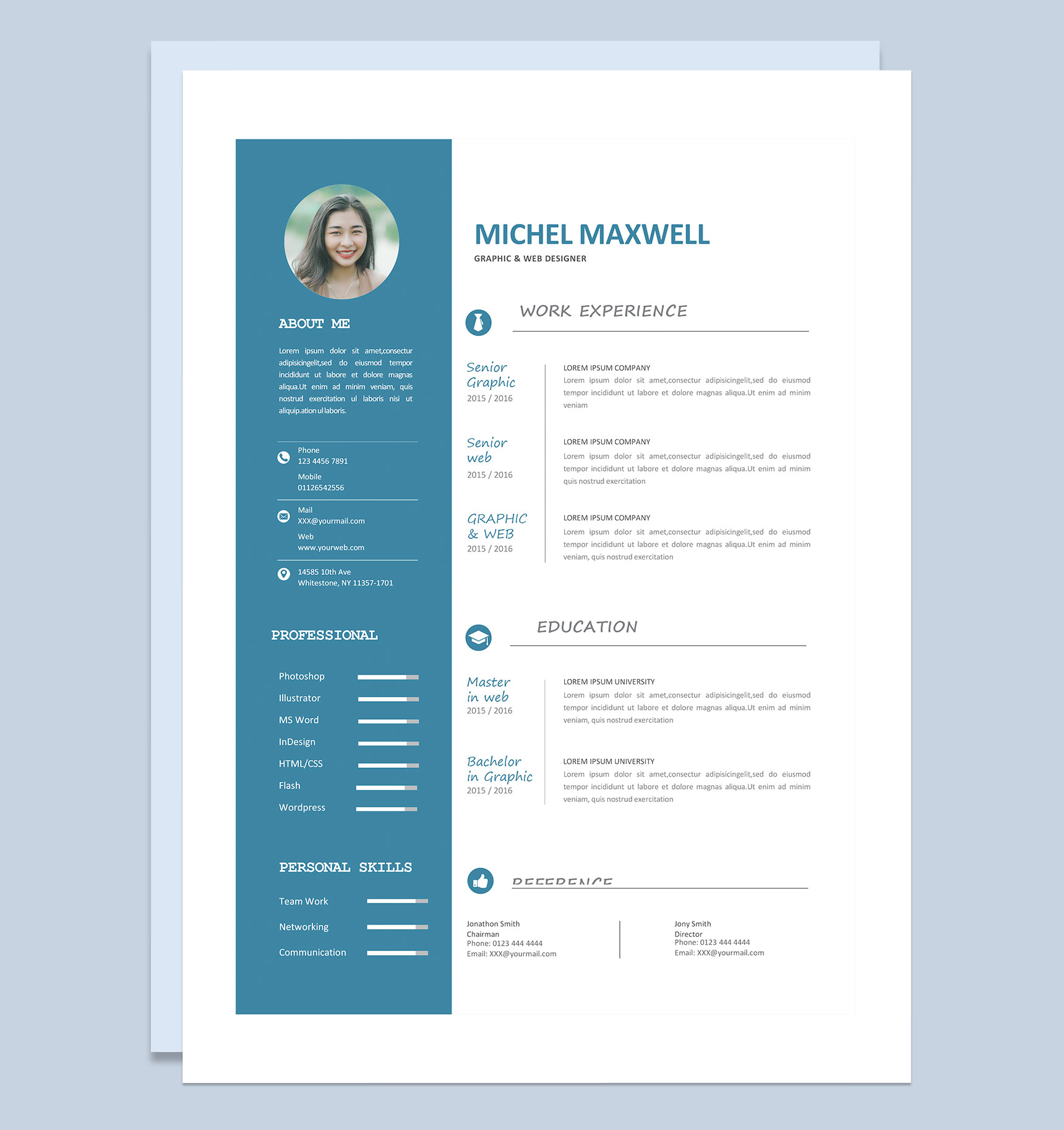 蓝色商务风平面设计师求职通用简历Word模板