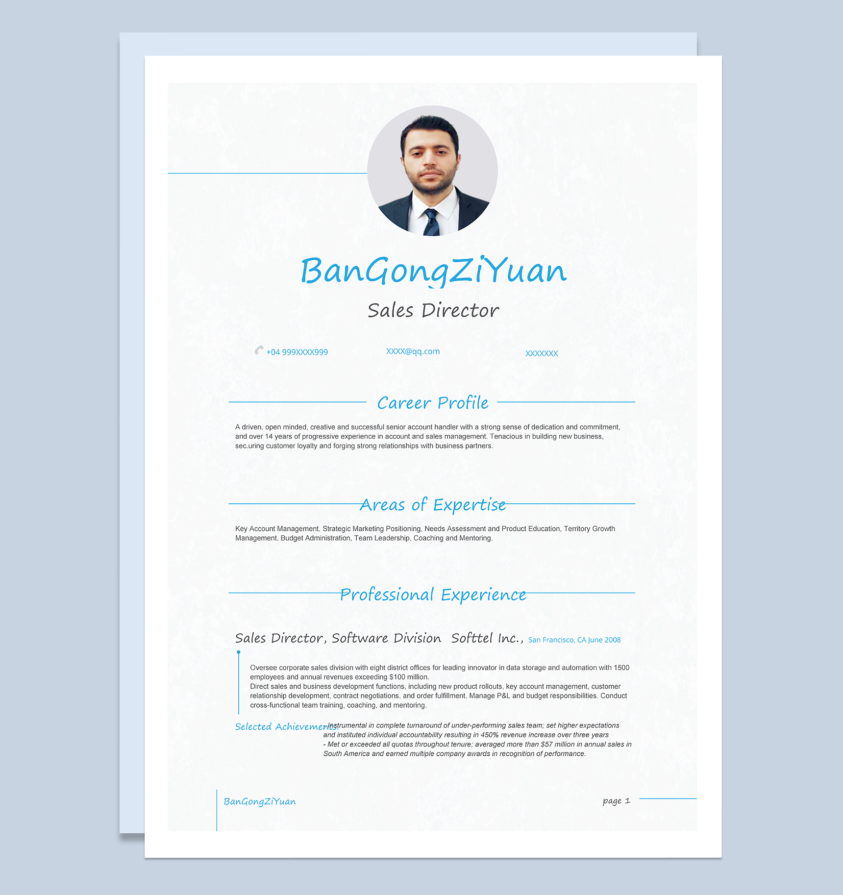 时尚个性英文版销售总监个人工作简历Word模板