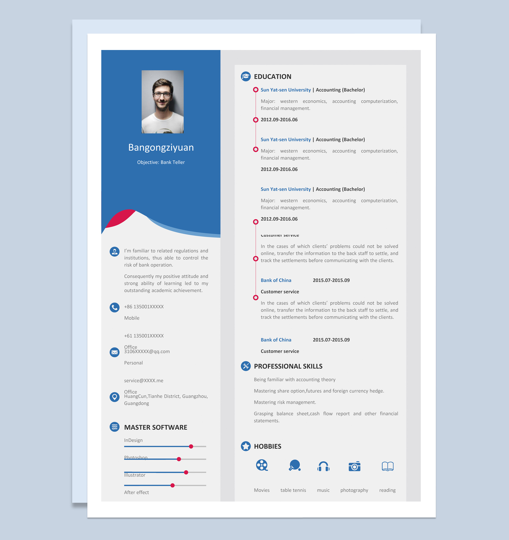 蓝色商务风格视频剪辑师个人求职英文简历Word模板