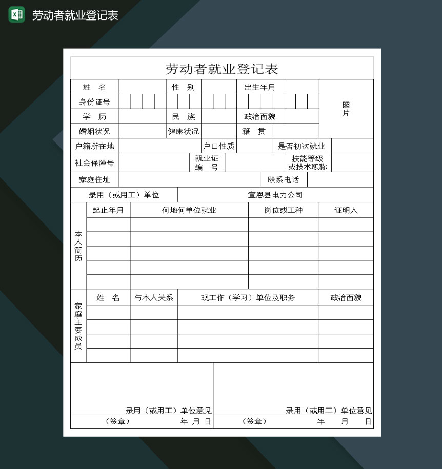 社会劳动者就业登记表Excel模板