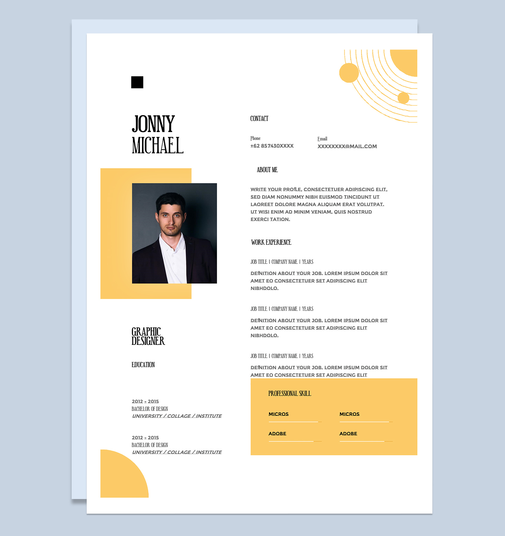 黄白色简约商务风格个人求职英文简历Word模板