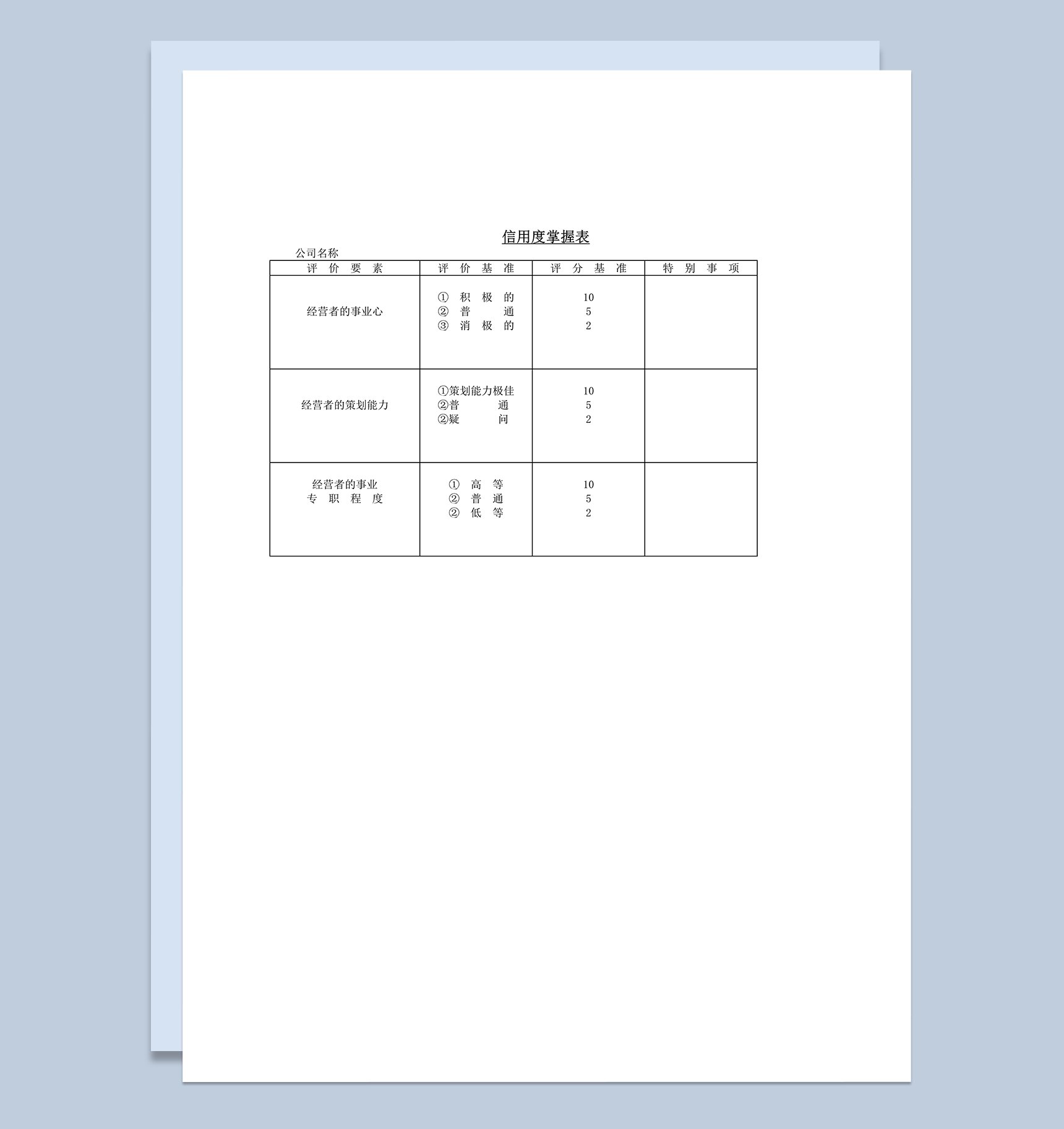 信用度掌握表word模板