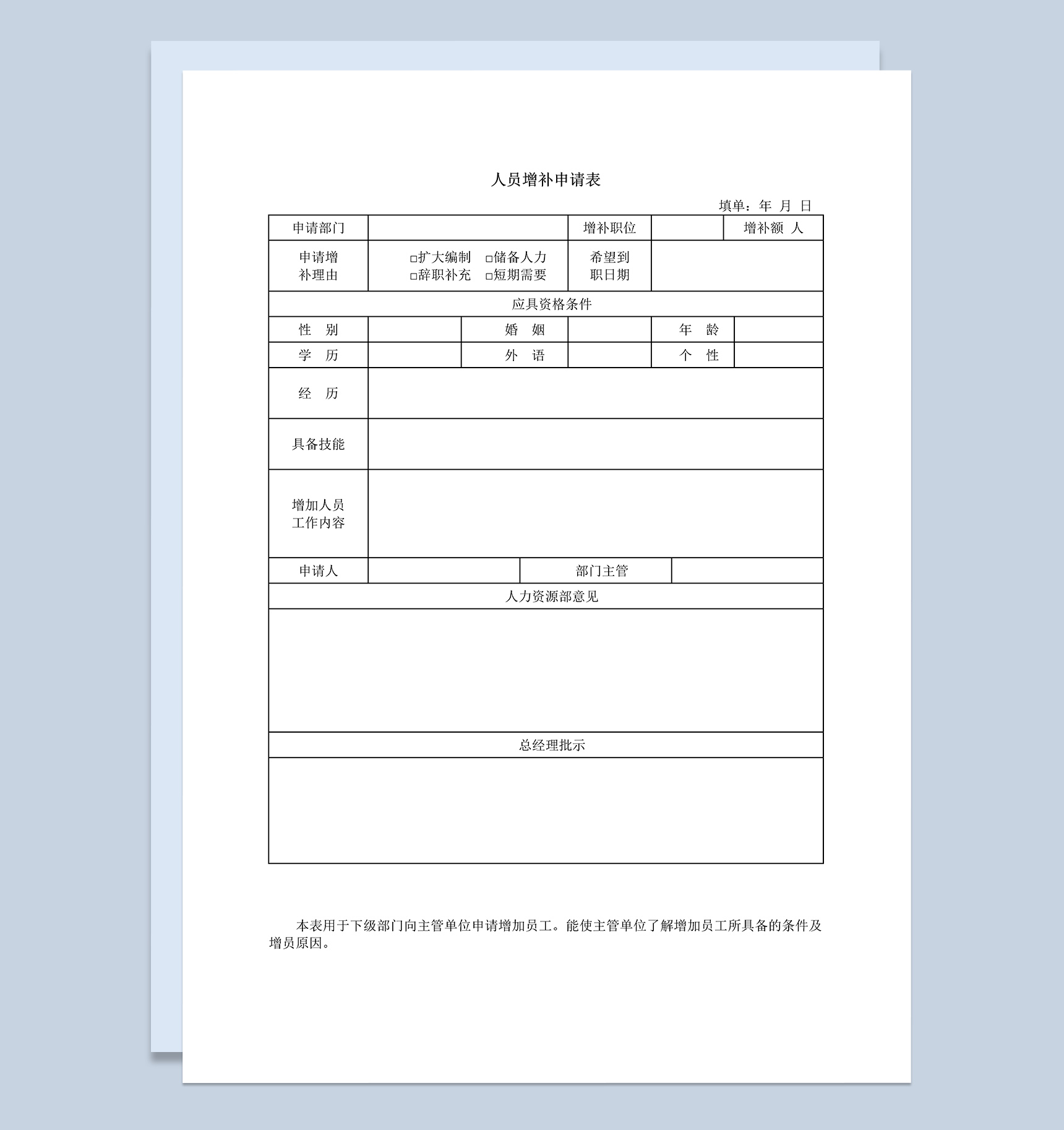 公司部门人员增补申请表范本Word模板