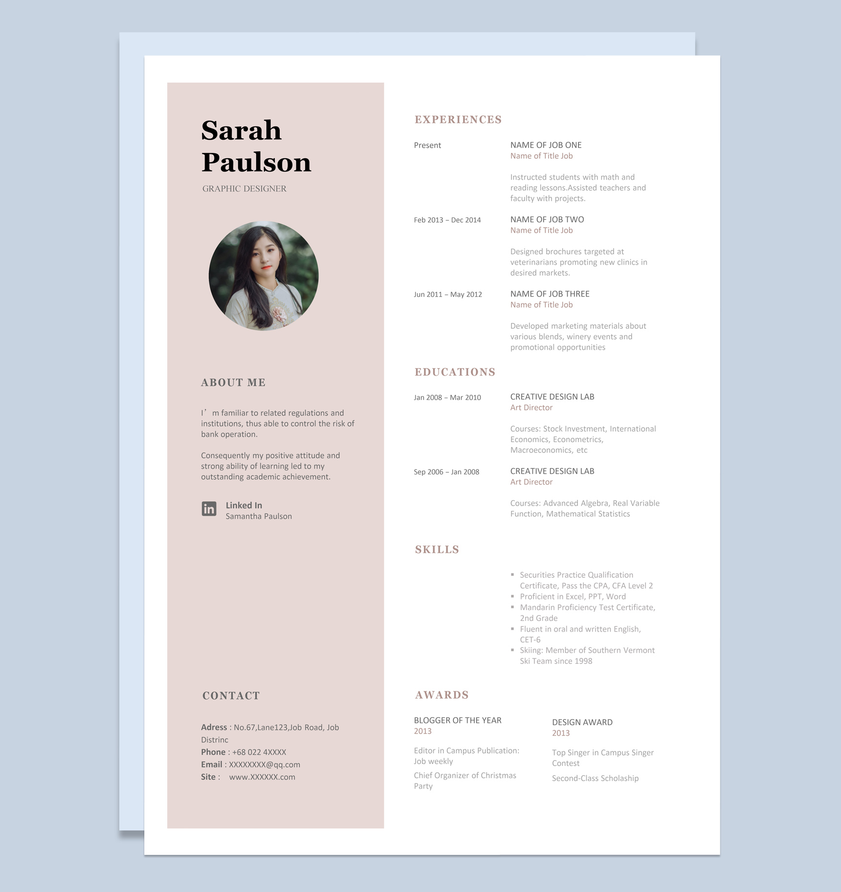 粉色简约风格毕业生个人英文简历Word模板