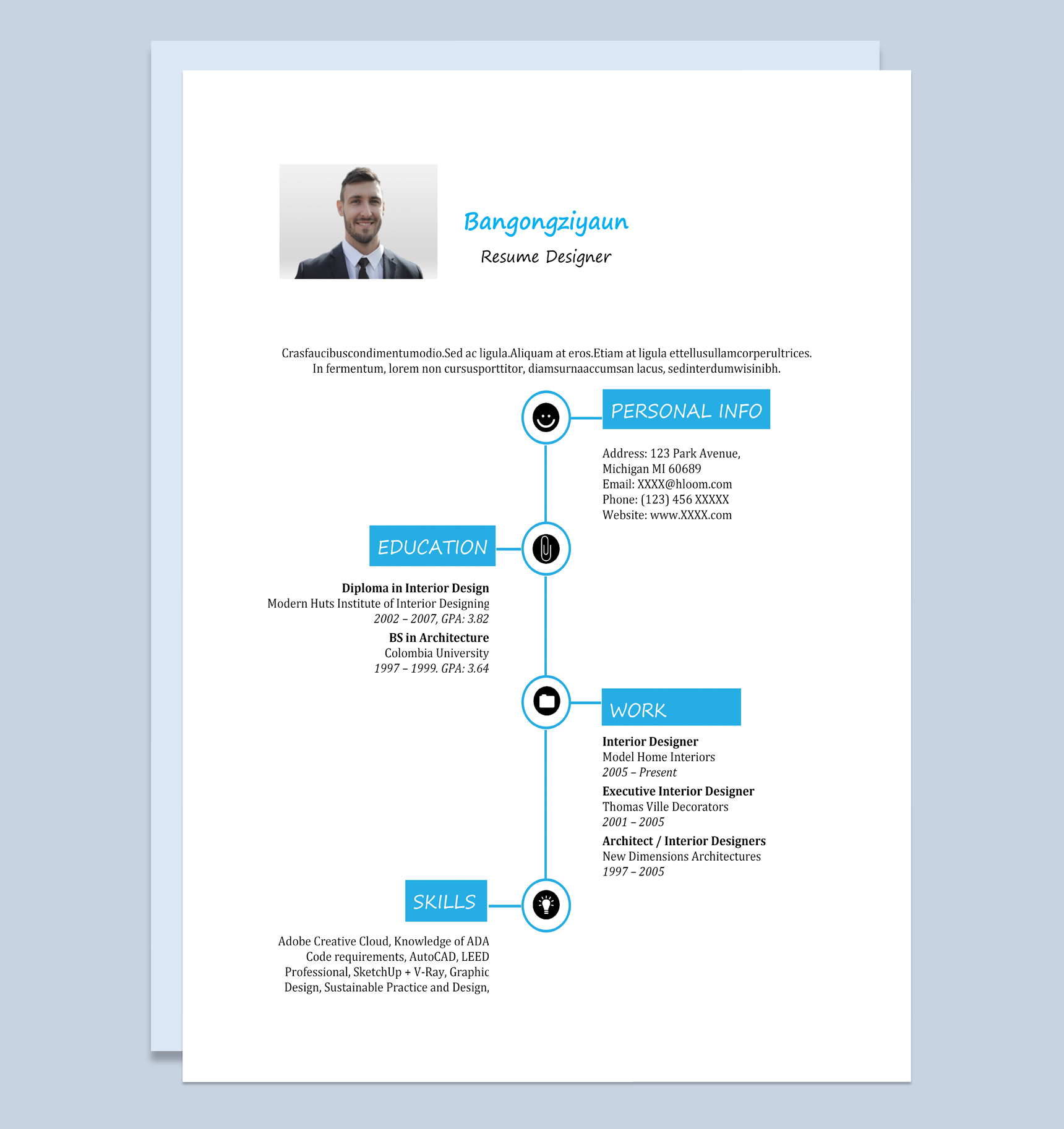 蓝色创意风简历设计师个人求职英文简历Word模板