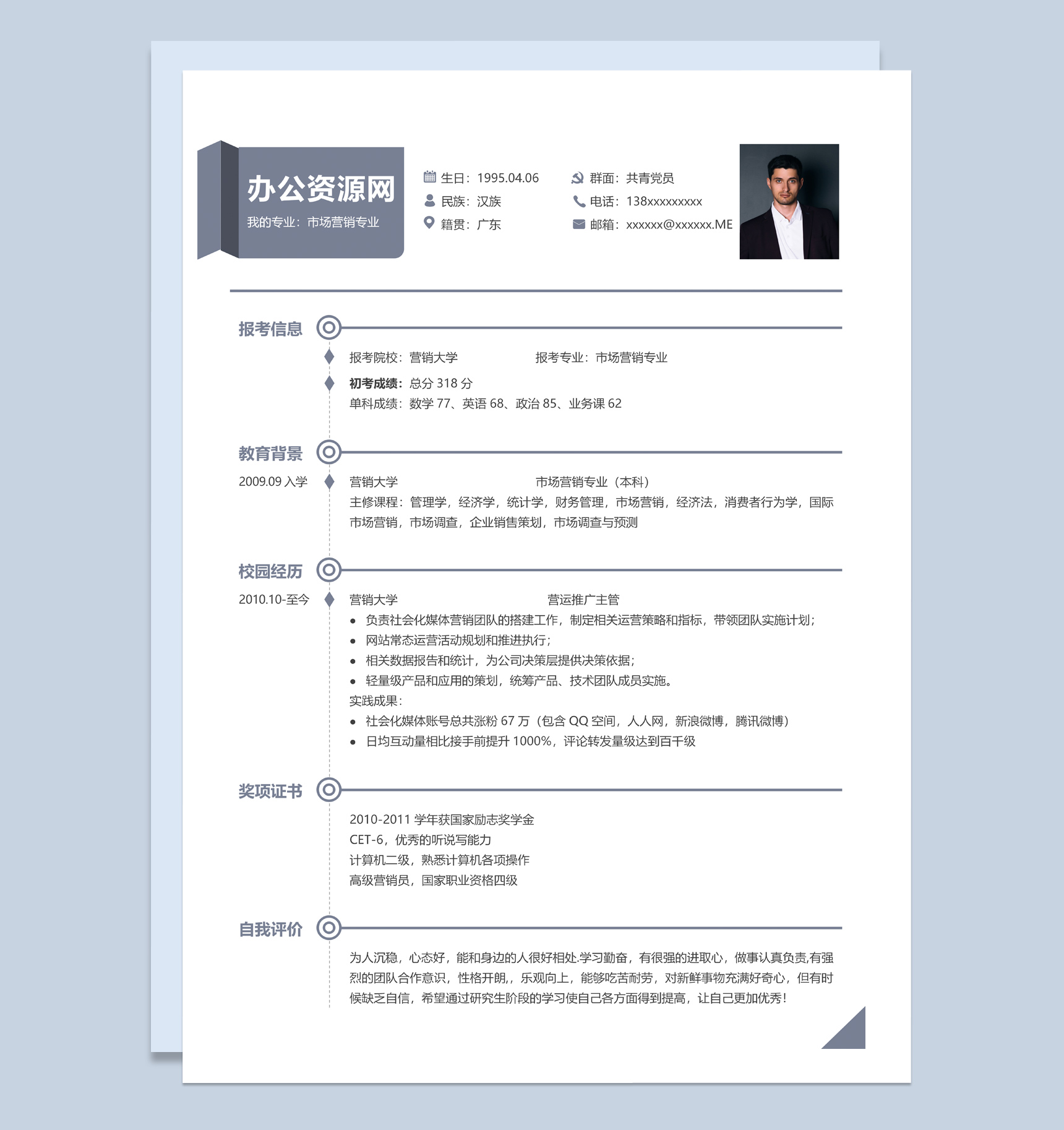 灰色商务风格运营推广主管个人求职简历Word模板