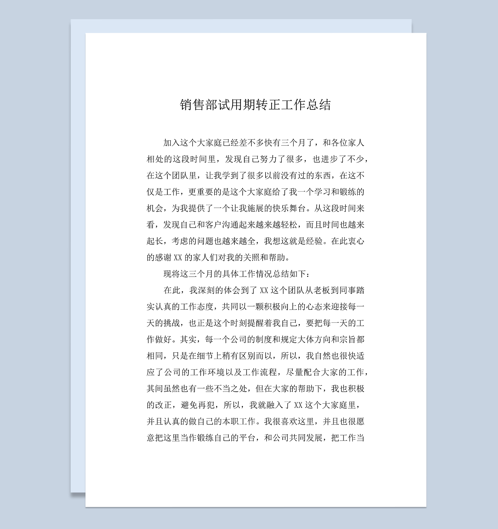 完整通用销售部试用期转正年终个人工作总结Word模板