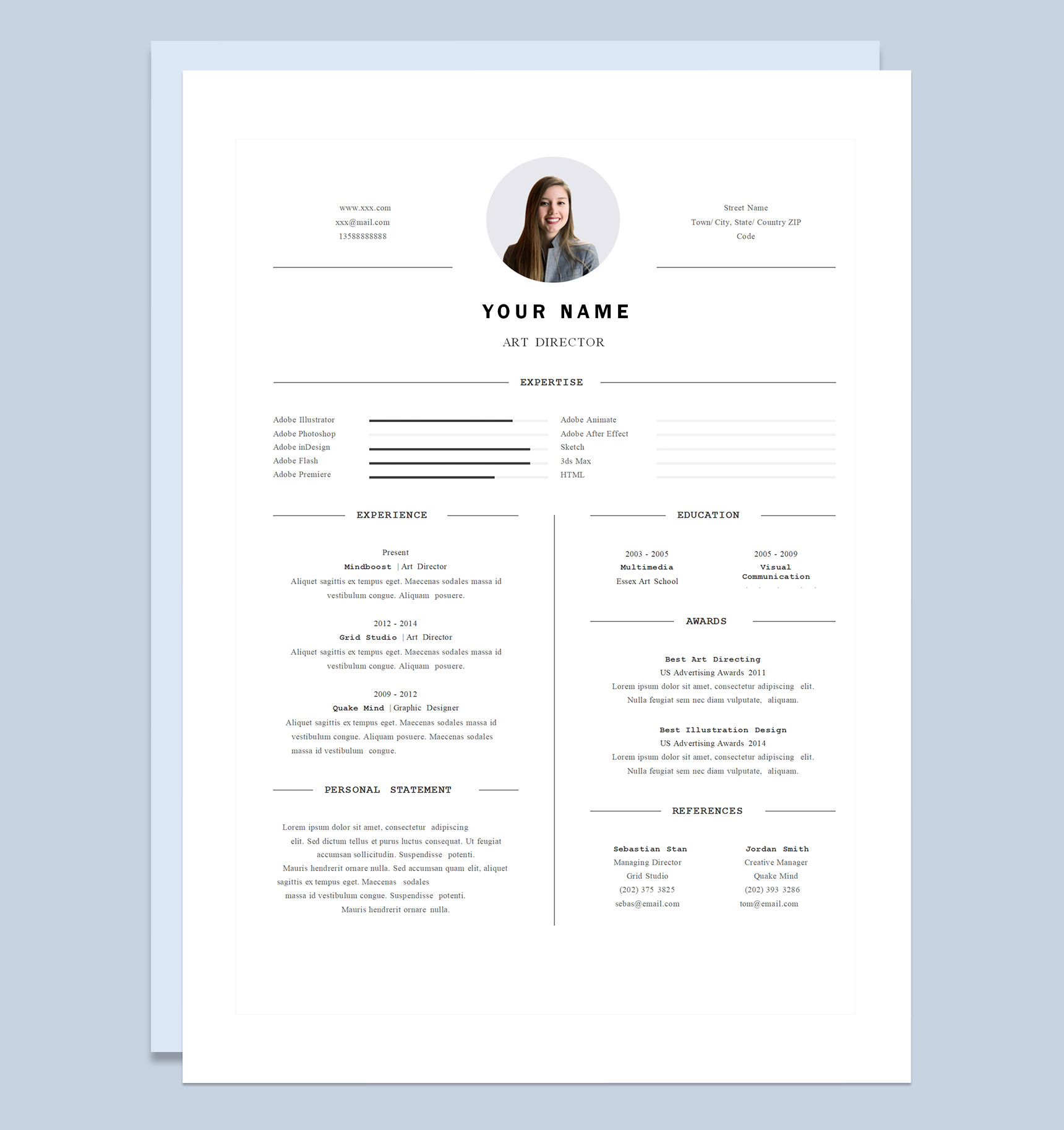 白色极简风企业艺术总监岗位通用个人简历求职简历自荐信Word模板