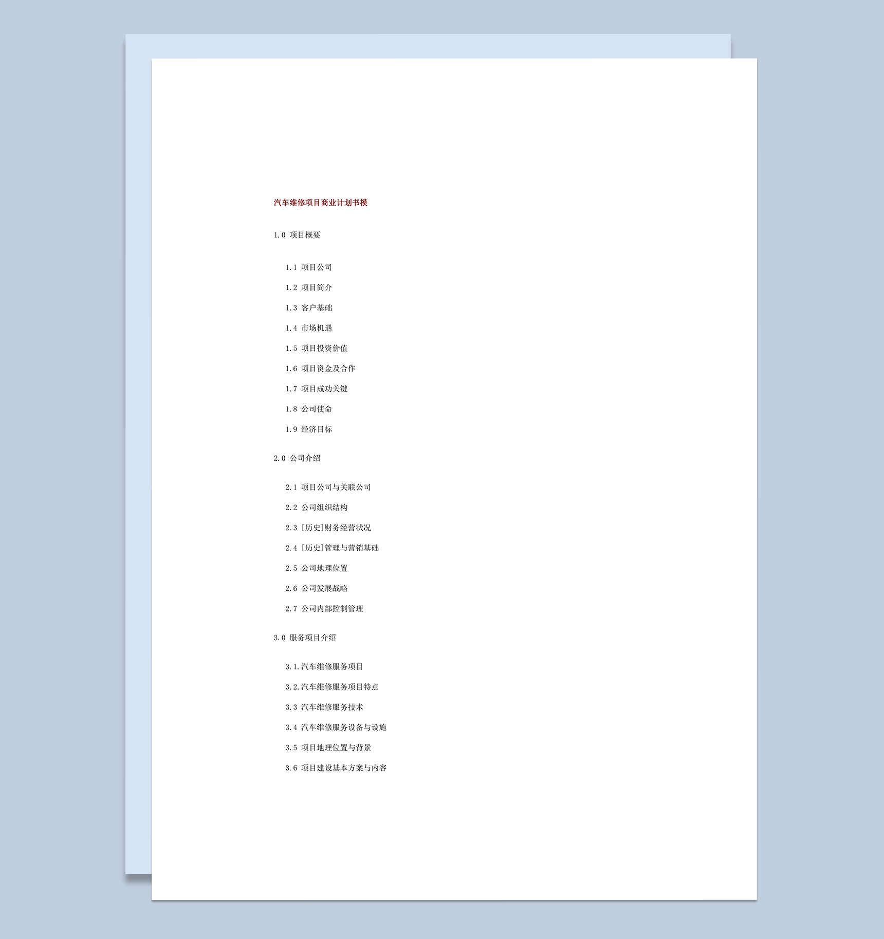 汽车维修项目商业计划书模板word模板