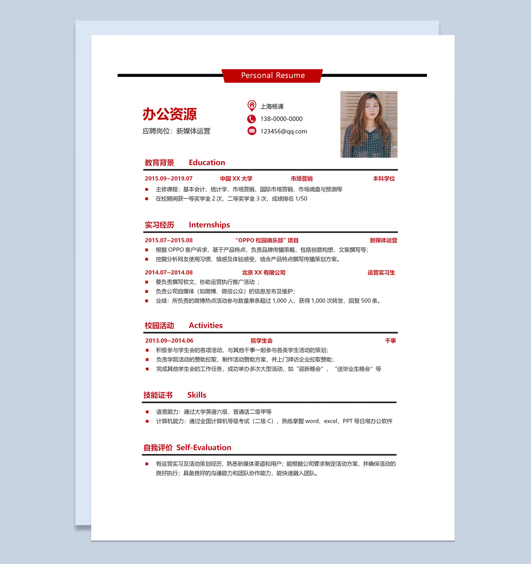 新媒体运营岗位通用求职简历Word模板