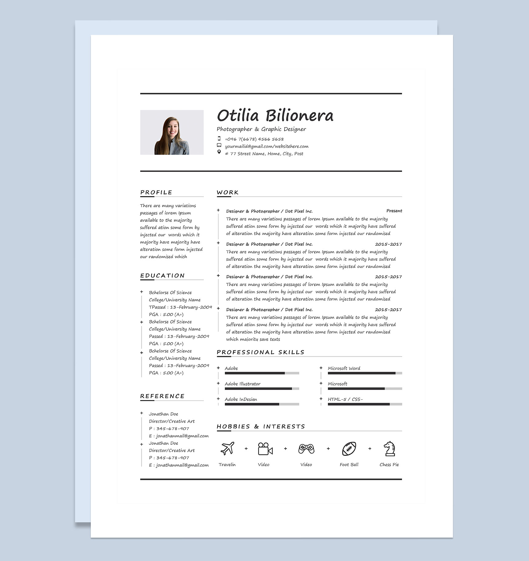 摄影师和平面设计师通用求职简历自荐信个人简历Word模板