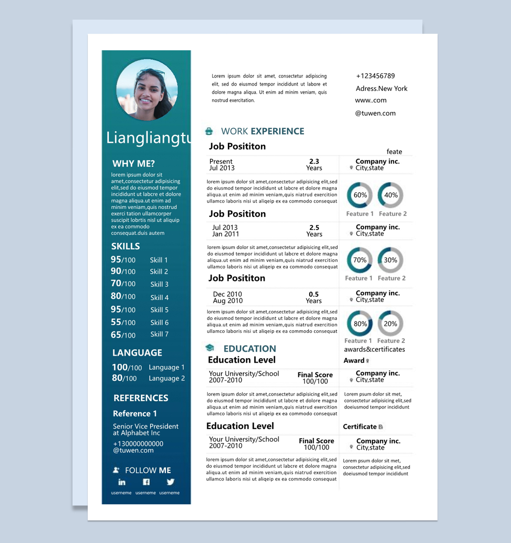 蓝色经典简约全英文外企应聘求职简历Word模板