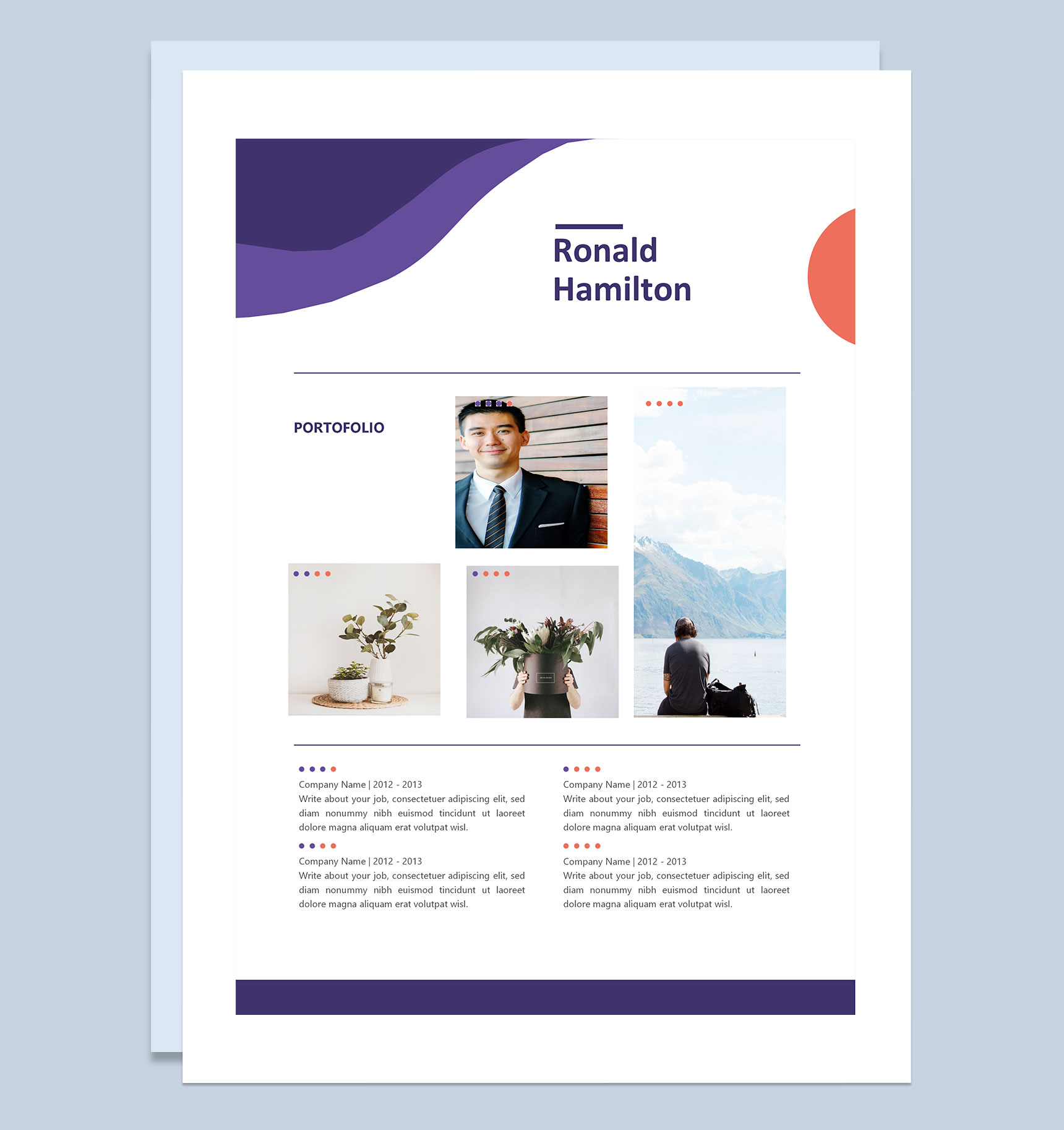 紫色欧美风摄影师求职通用个人简历Word模板