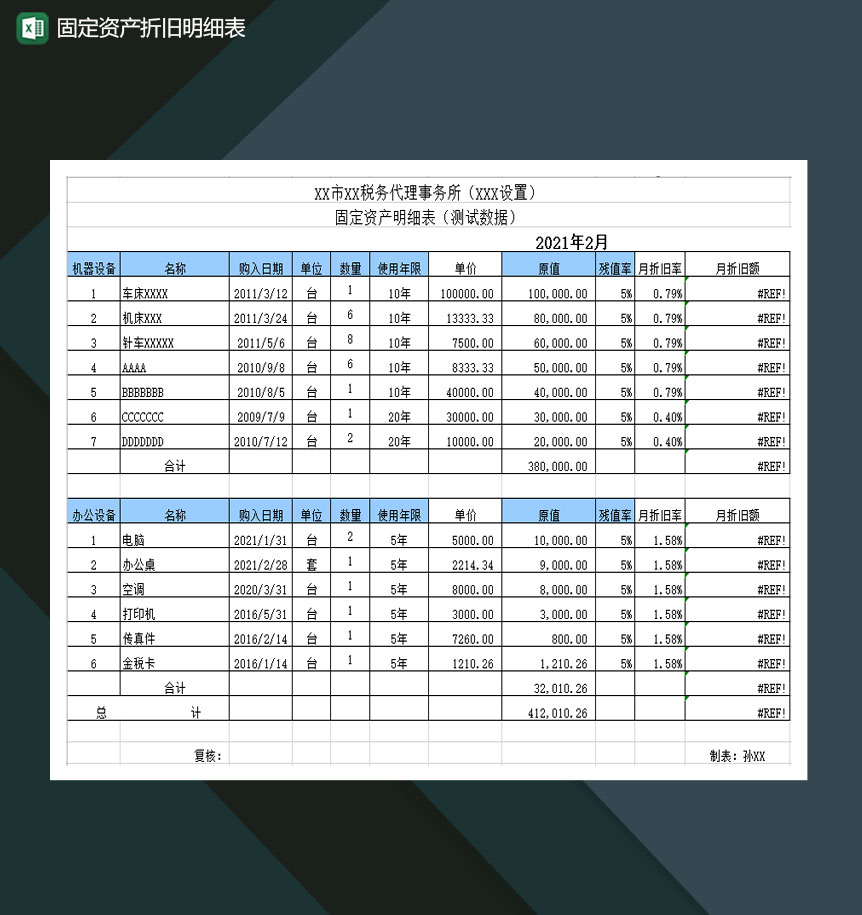 固定资产公式计算折旧明细表Excel模板