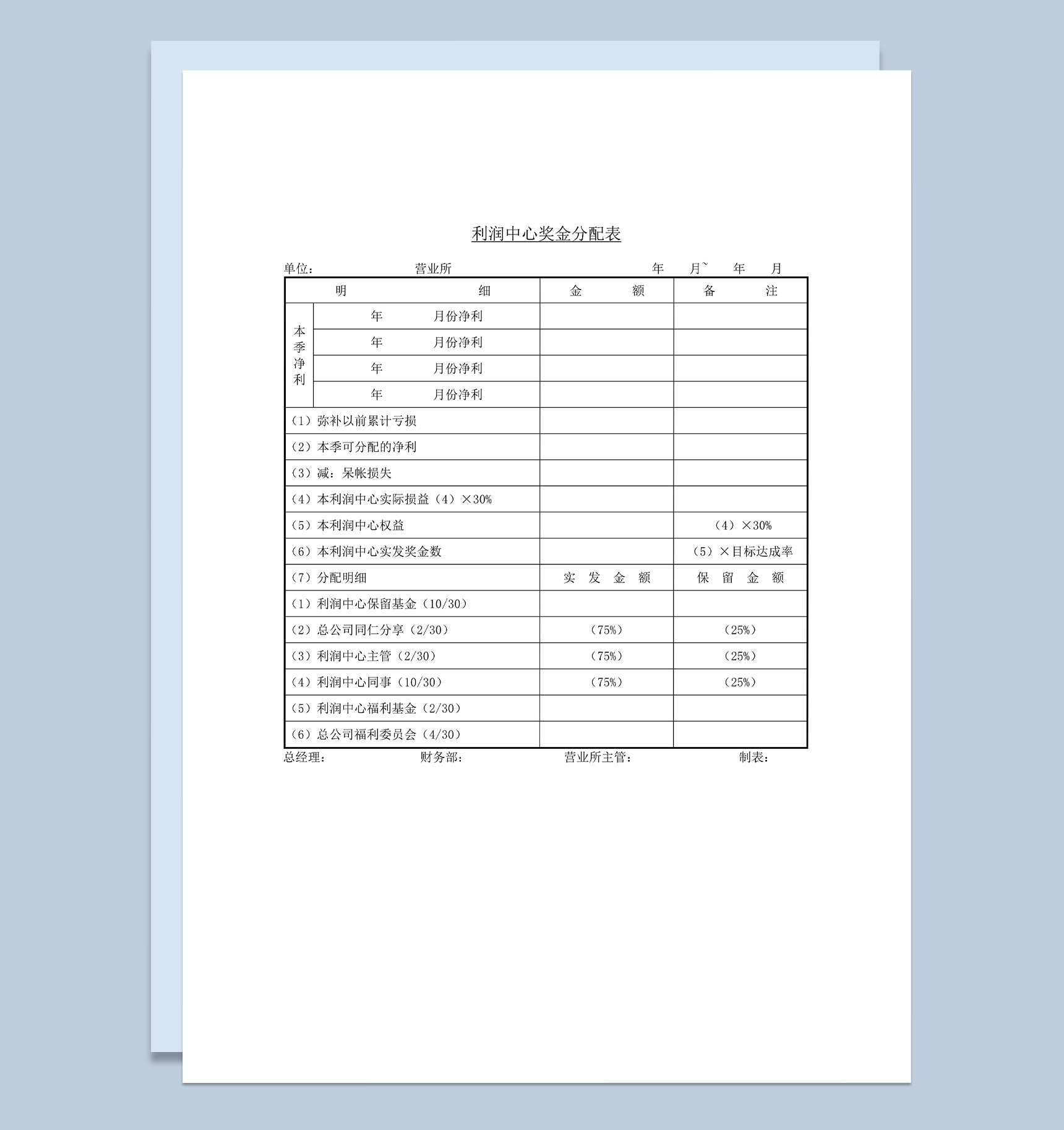 利润中心奖金分配表word模板