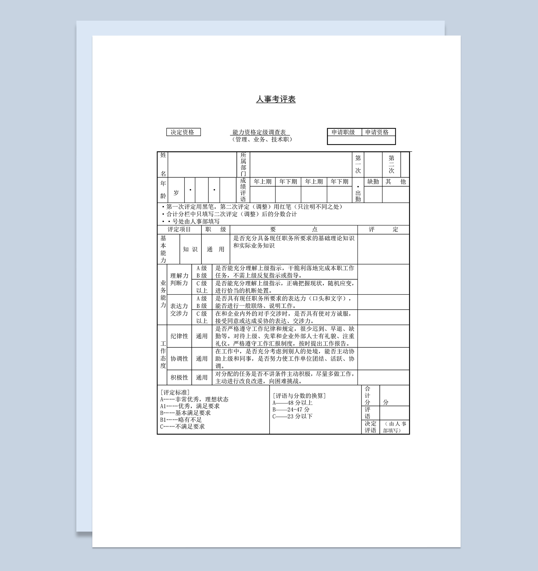人事常用的员工考核评分表Word模板