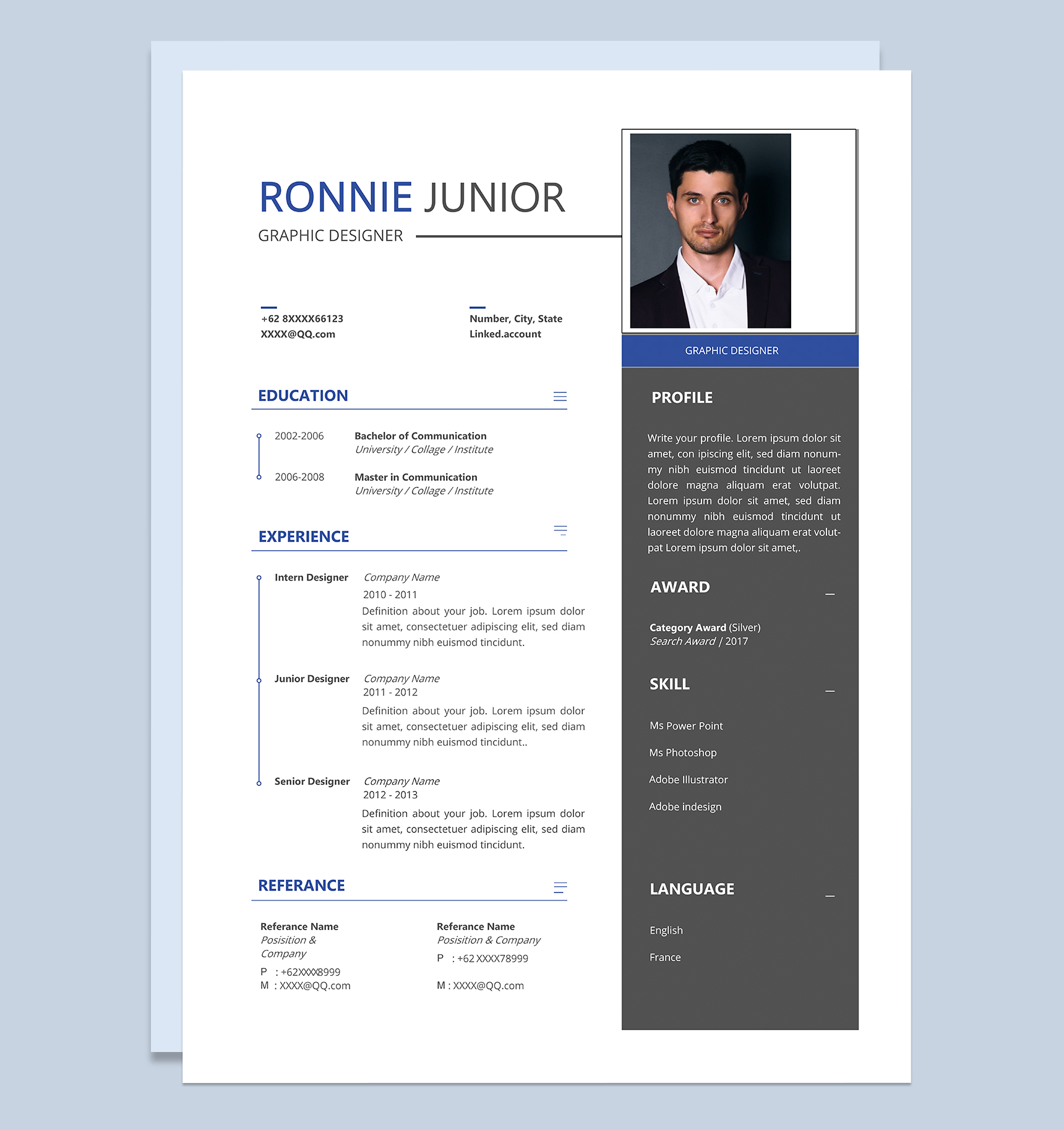 精致大气平面设计师岗位个人英文版简历Word模板