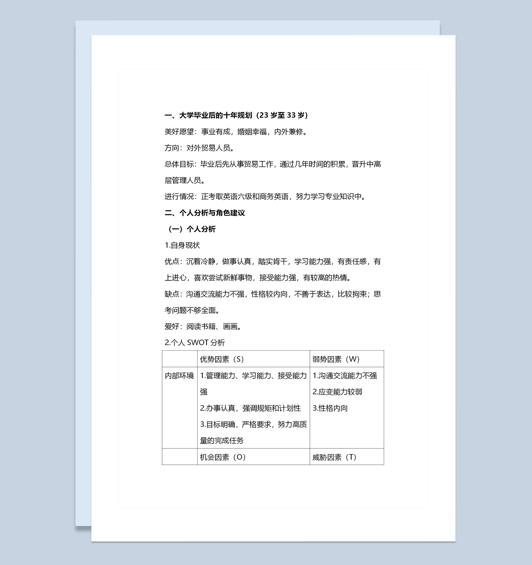 外贸专业通用大学生个人职业生涯规划书范本Word模板