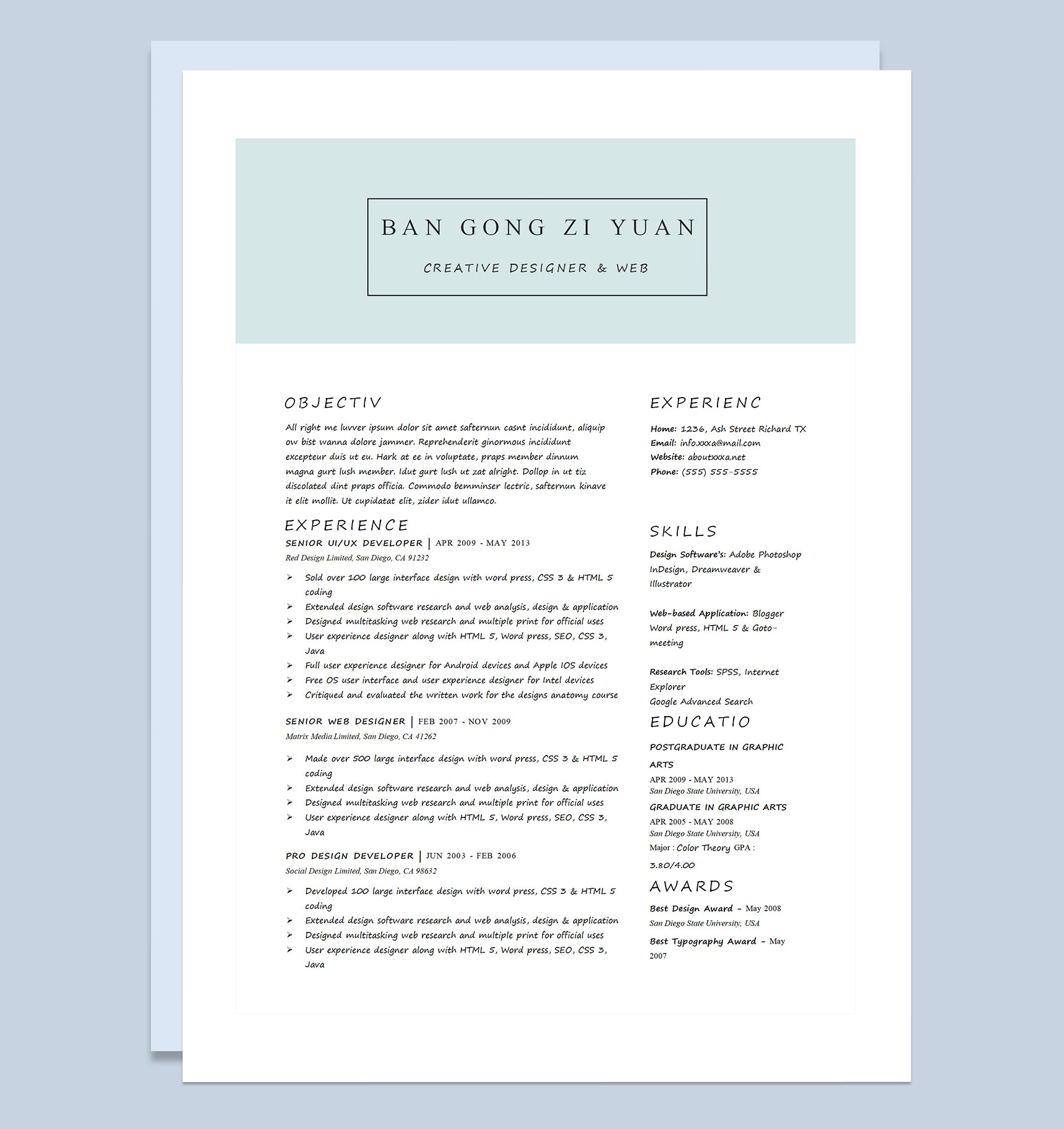 商务风外企创意设计师和网络开发者通用求职简历个人简历Word模板