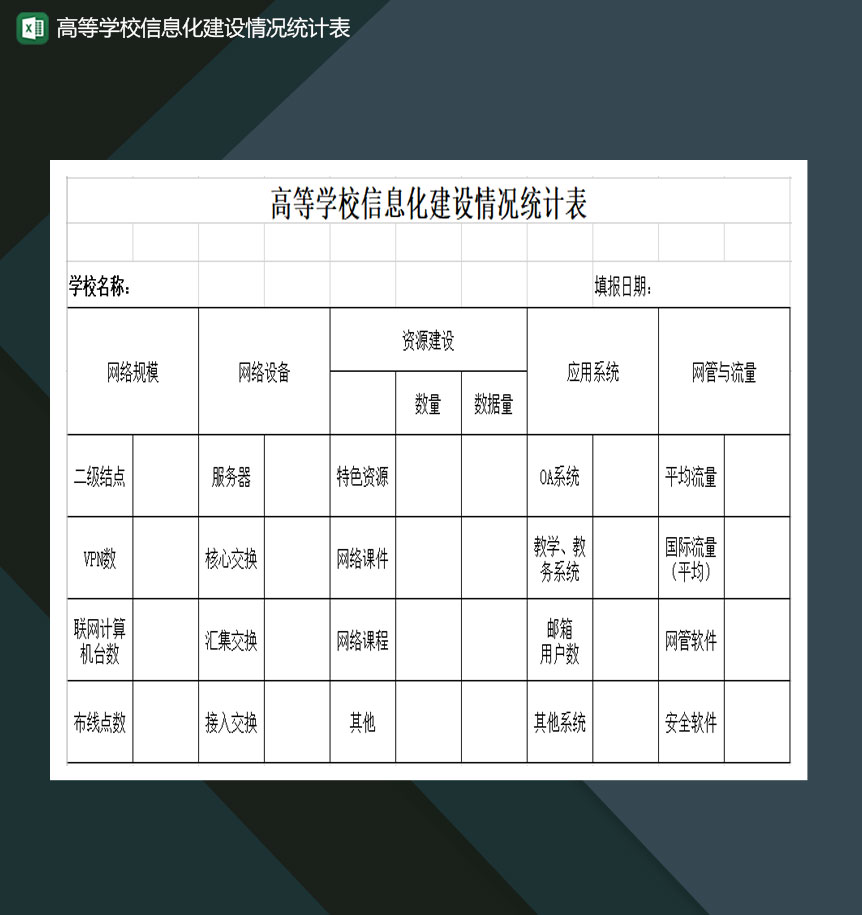 高等学校信息化建设情况统计表Excel模板