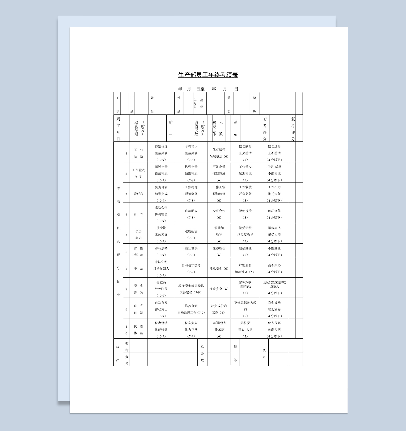 工厂生产部员工年终考绩表Word模板