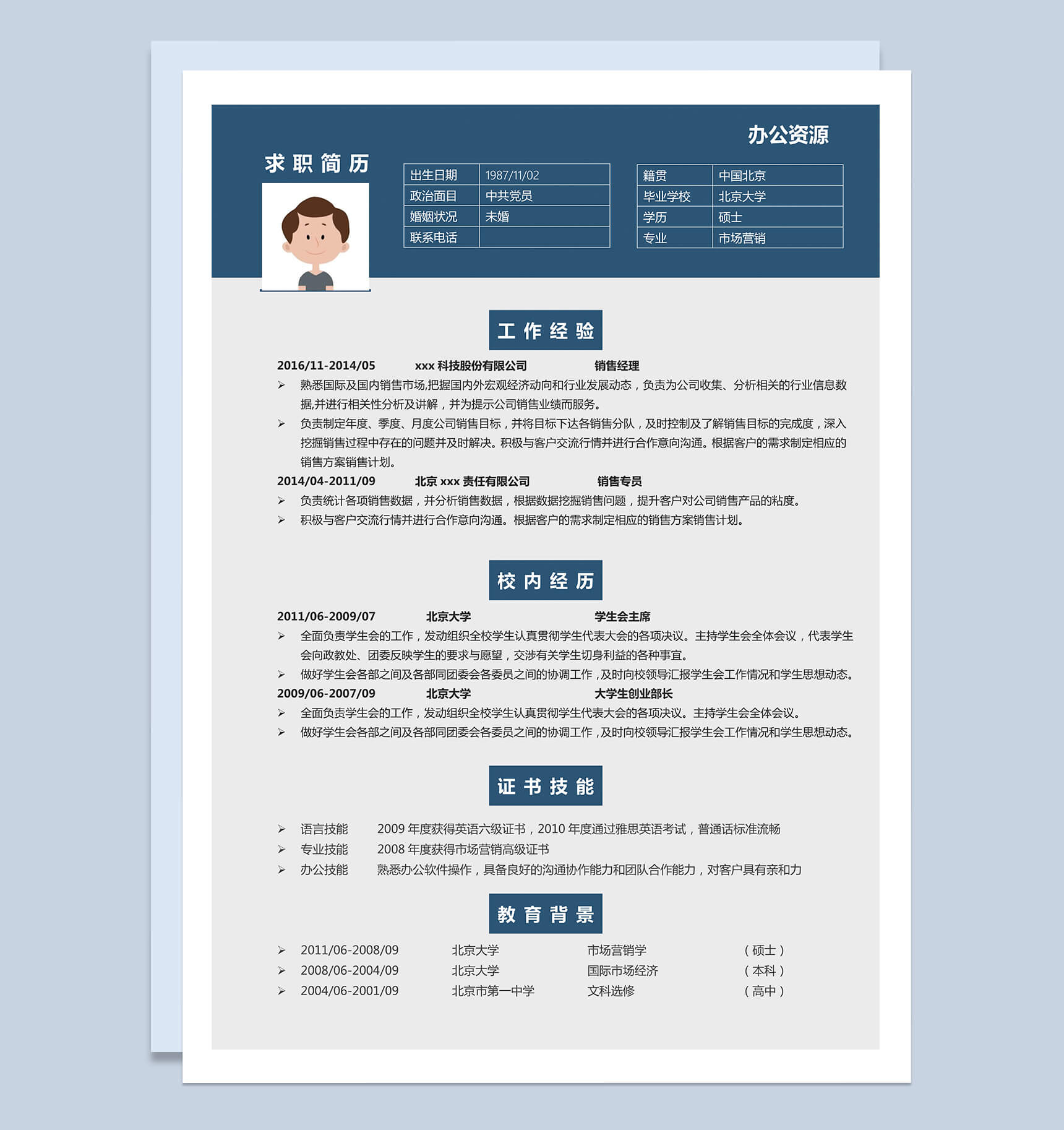 蓝色市场营销专业求职销售主管简历Word模板
