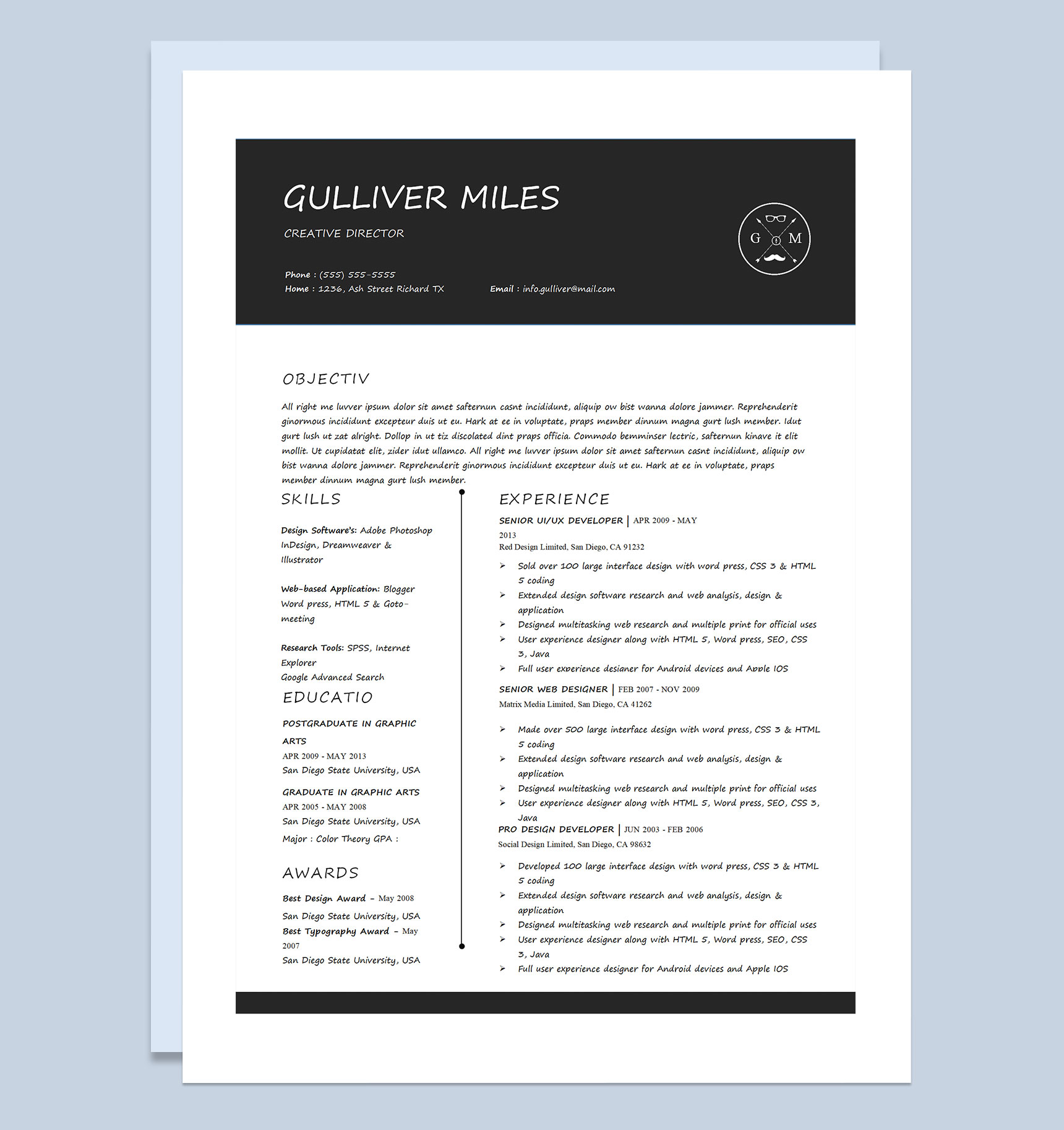 大气纯英文欧美风简历创意总监通用求职简历个人简历套装Word模板