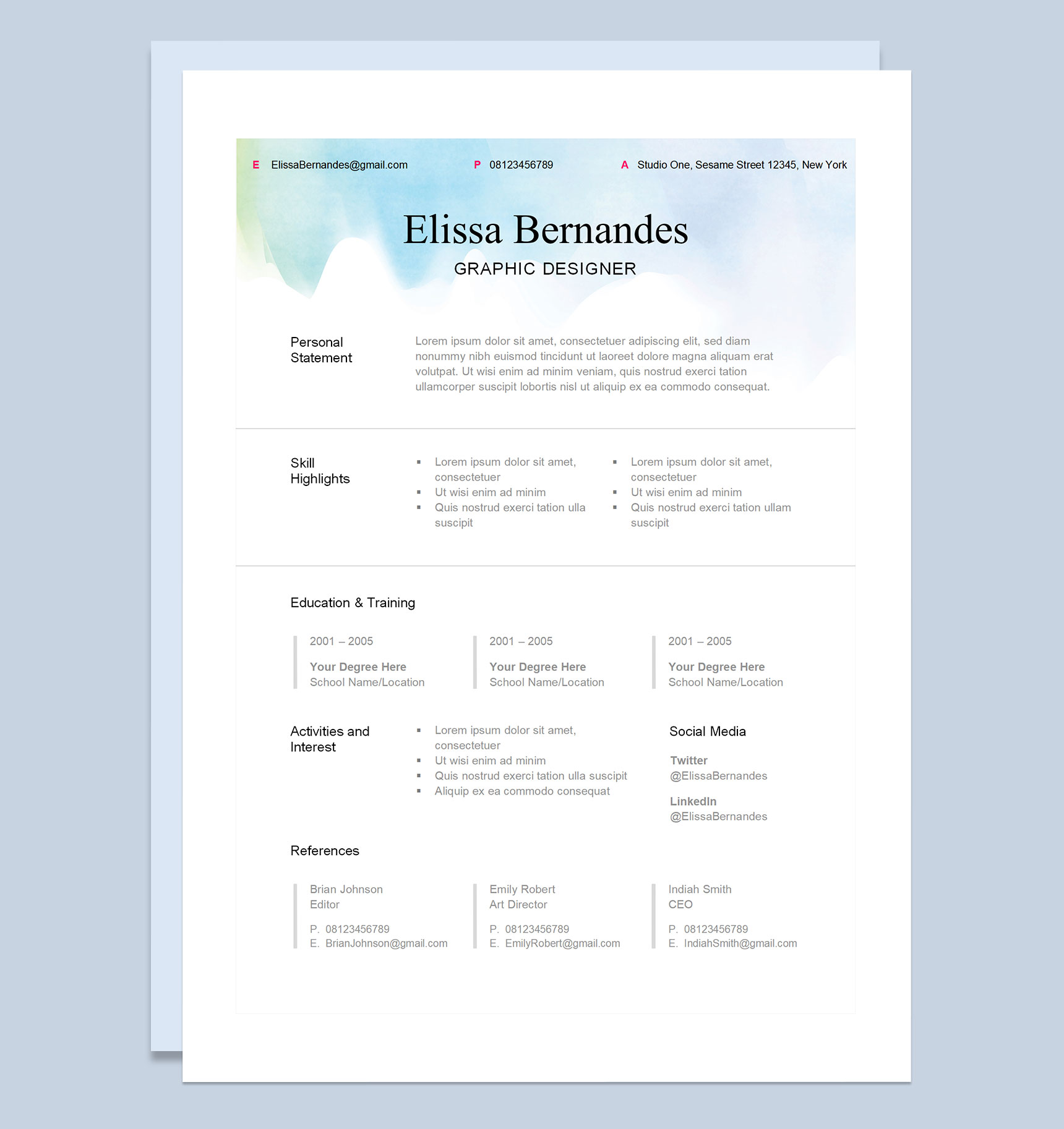 美术设计师通用个人简历求职简历自荐信Word模板