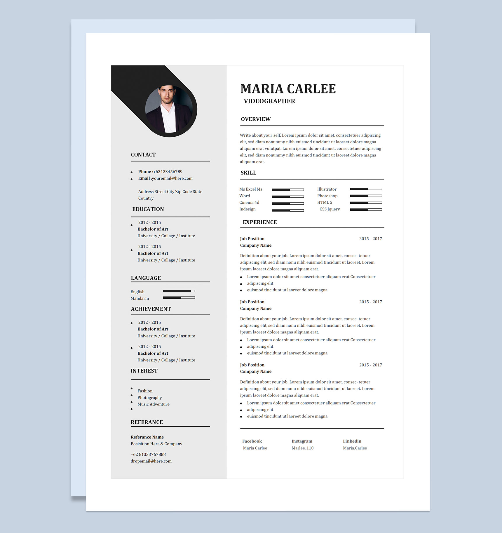 极简风摄像师通用英文简历个人简历求职简历Word模板