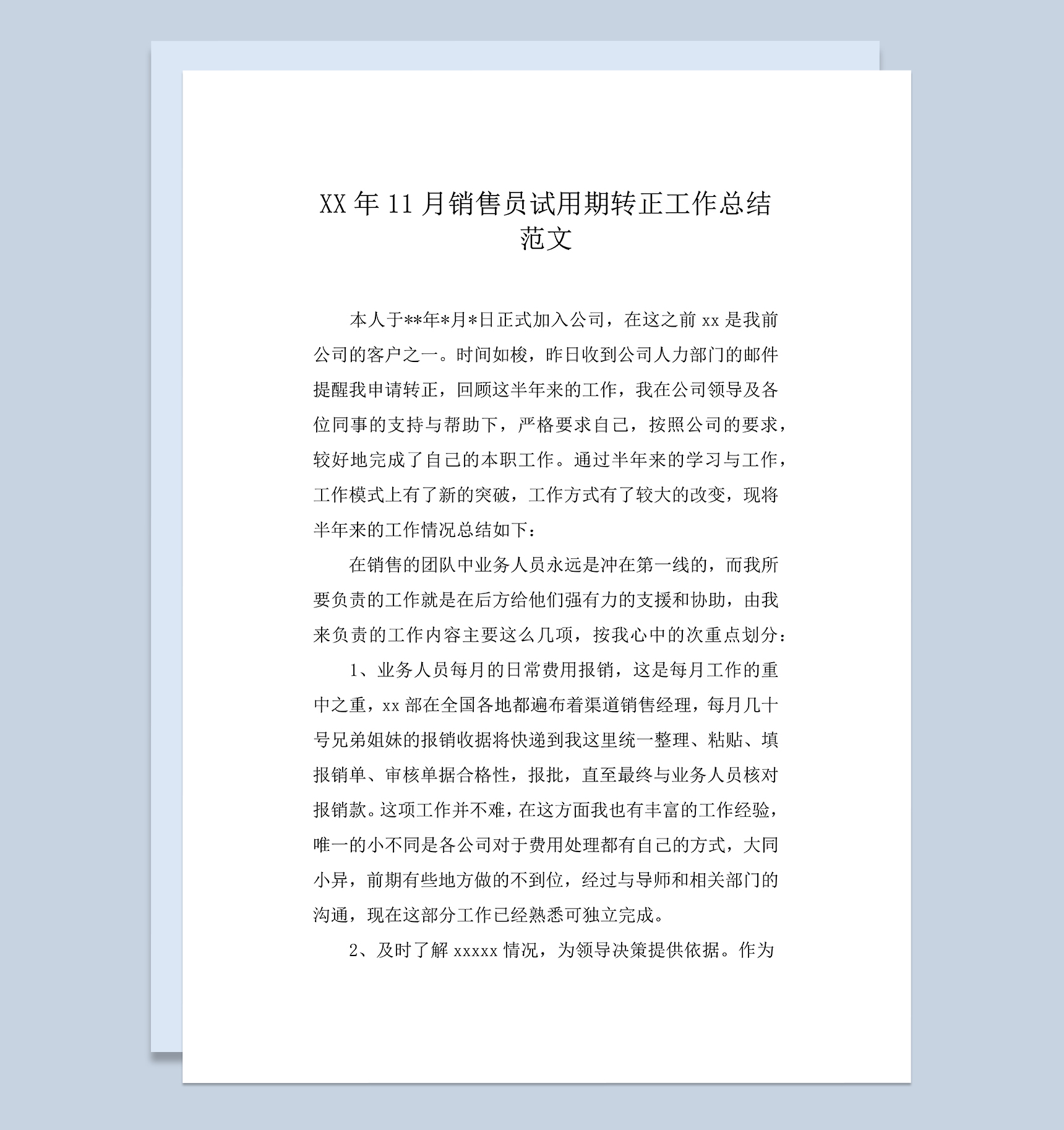 销售员试用期转正工作总结年终总结Word模板